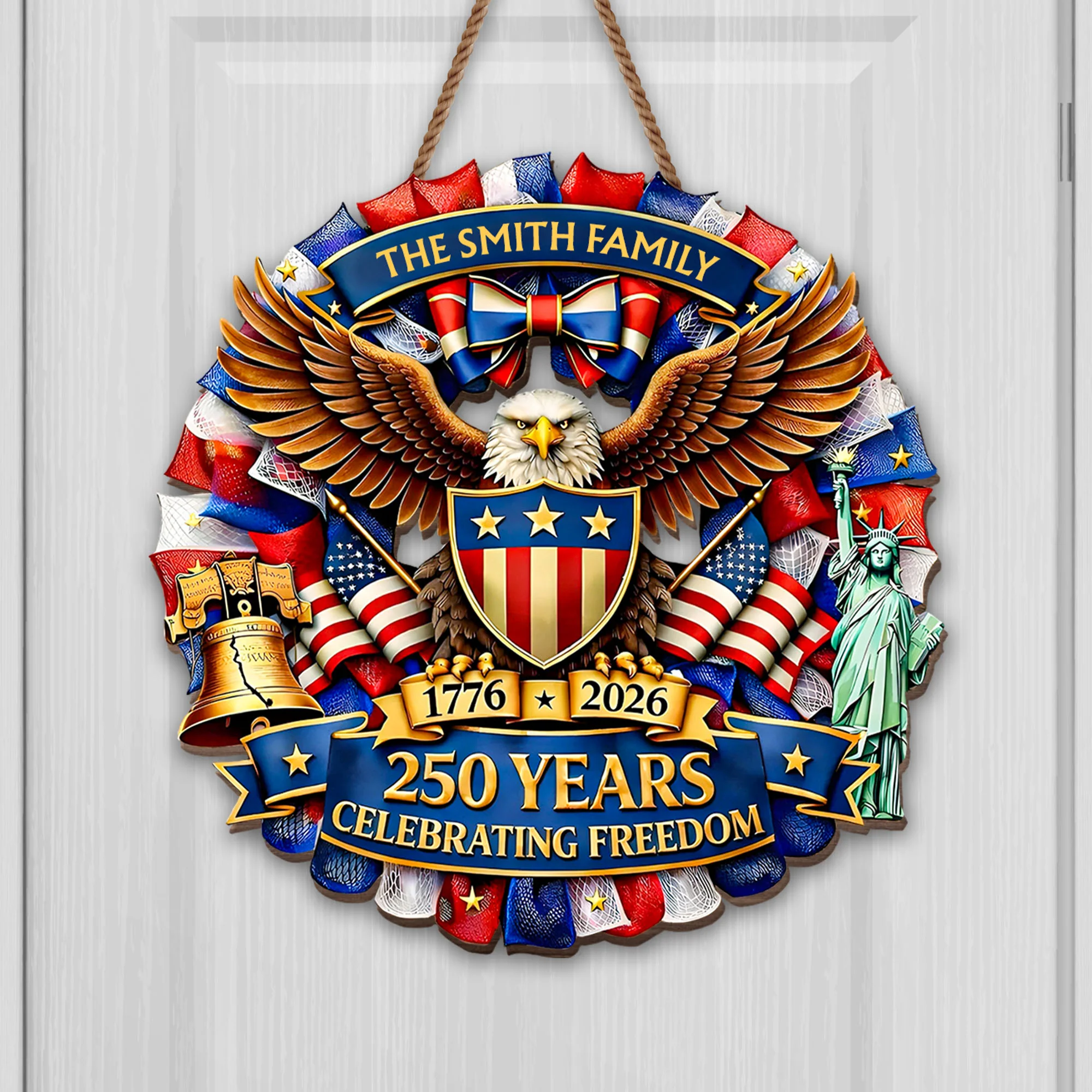 250 Years Celebrating Freedom Bald Eagle And American Flag Patriotic Shield - Personalized Custom Shaped Wood Sign - INDE089_WSIGN