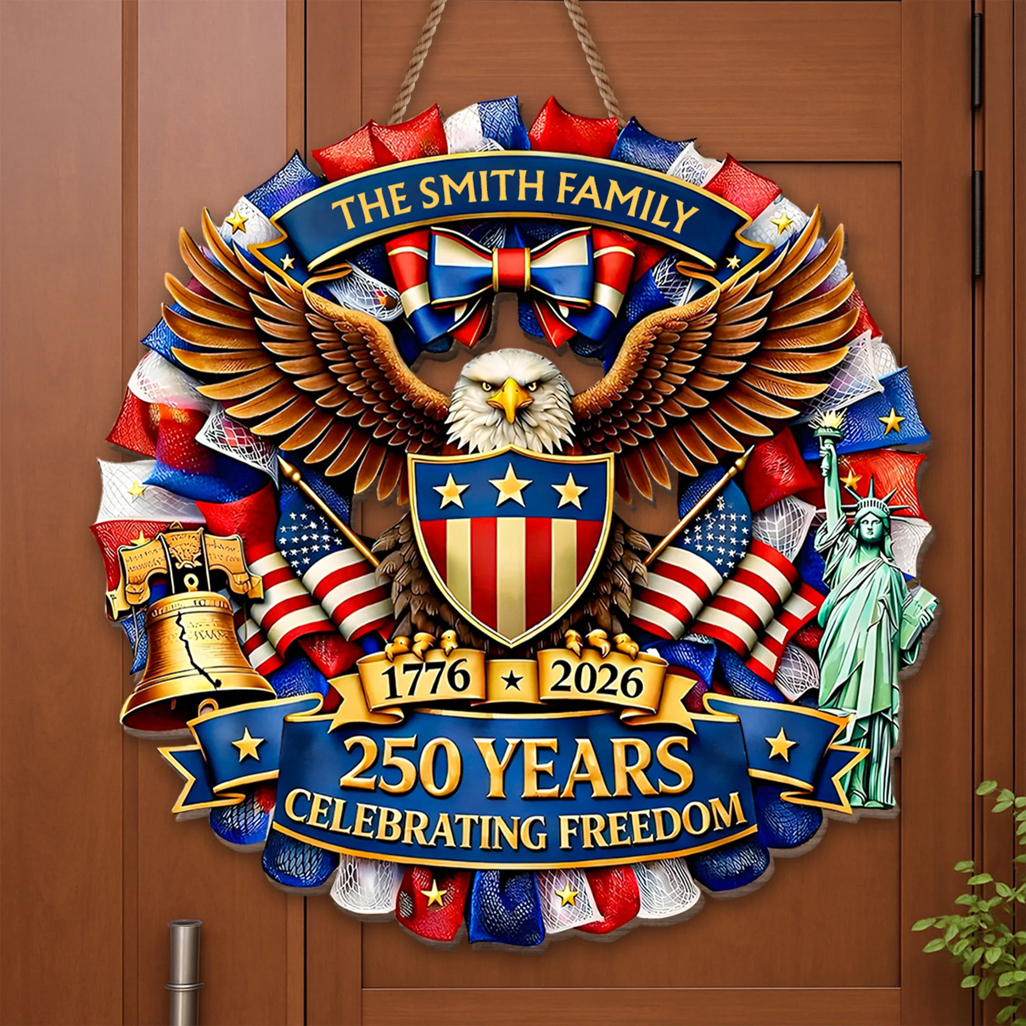 250 Years Celebrating Freedom Bald Eagle And American Flag Patriotic Shield - Personalized Custom Shaped Wood Sign - INDE089_WSIGN - Image 4