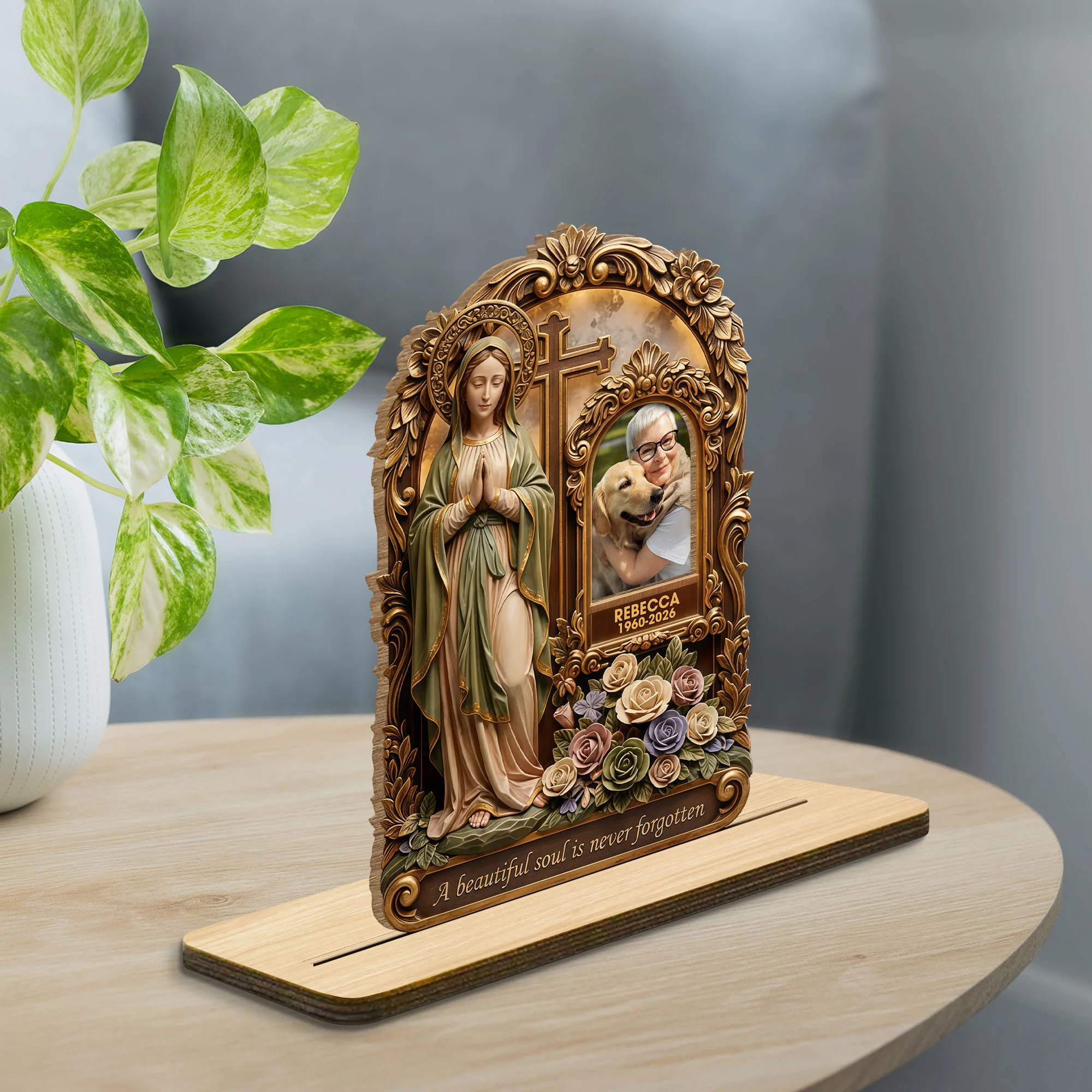 A Beautiful Soul Is Never Forgotten Virgin Mary And Roses Memorial Plaque - Personalized Custom 2-Layer Wood Plaque With Flat Base - HME505_WPLA - Image 3
