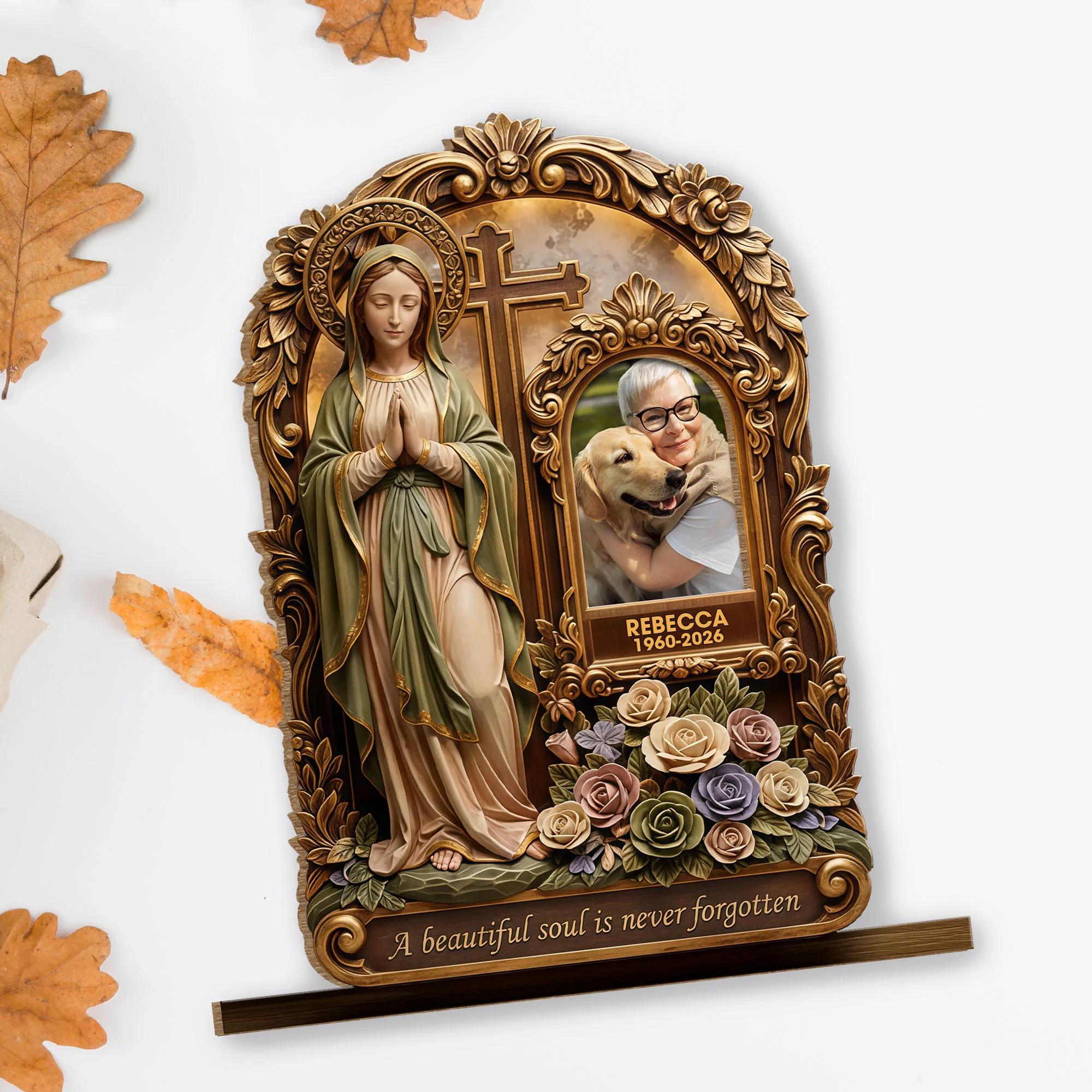 A Beautiful Soul Is Never Forgotten Virgin Mary And Roses Memorial Plaque - Personalized Custom 2-Layer Wood Plaque With Flat Base - HME505_WPLA - Image 4