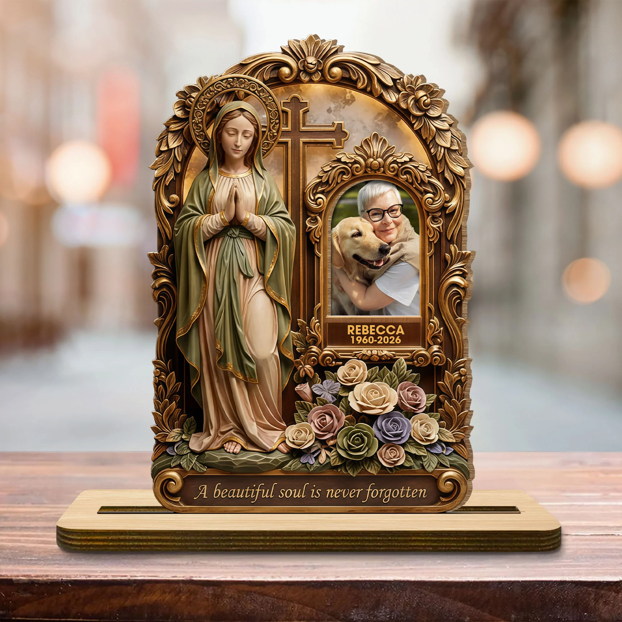 A Beautiful Soul Is Never Forgotten Virgin Mary And Roses Memorial Plaque - Personalized Custom 2-Layer Wood Plaque With Flat Base - HME505_WPLA - Image 6