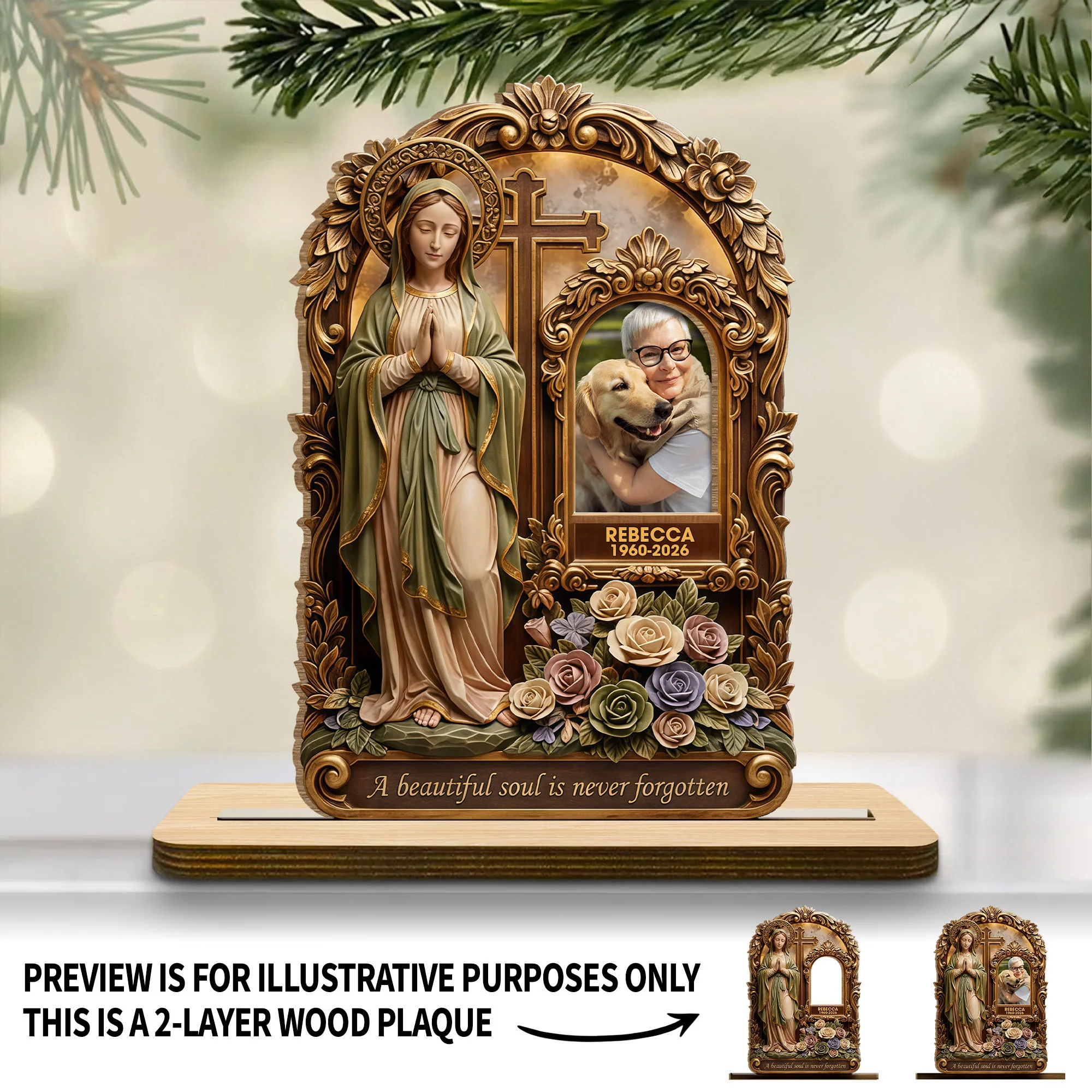 A Beautiful Soul Is Never Forgotten Virgin Mary And Roses Memorial Plaque - Personalized Custom 2-Layer Wood Plaque With Flat Base - HME505_WPLA - Image 7