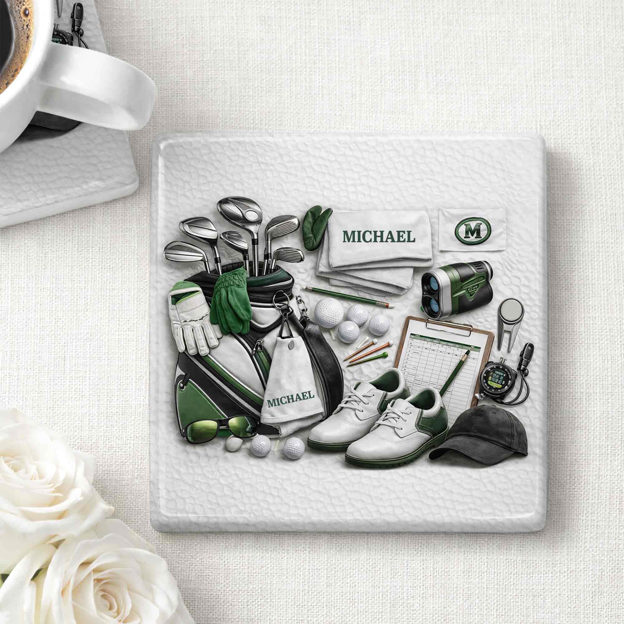A Complete Set Of Golf Gear Personalized With Clubs And Shoes - Personalized Custom Ceramic Coaster, Square Shape - GOLF012_SOCO