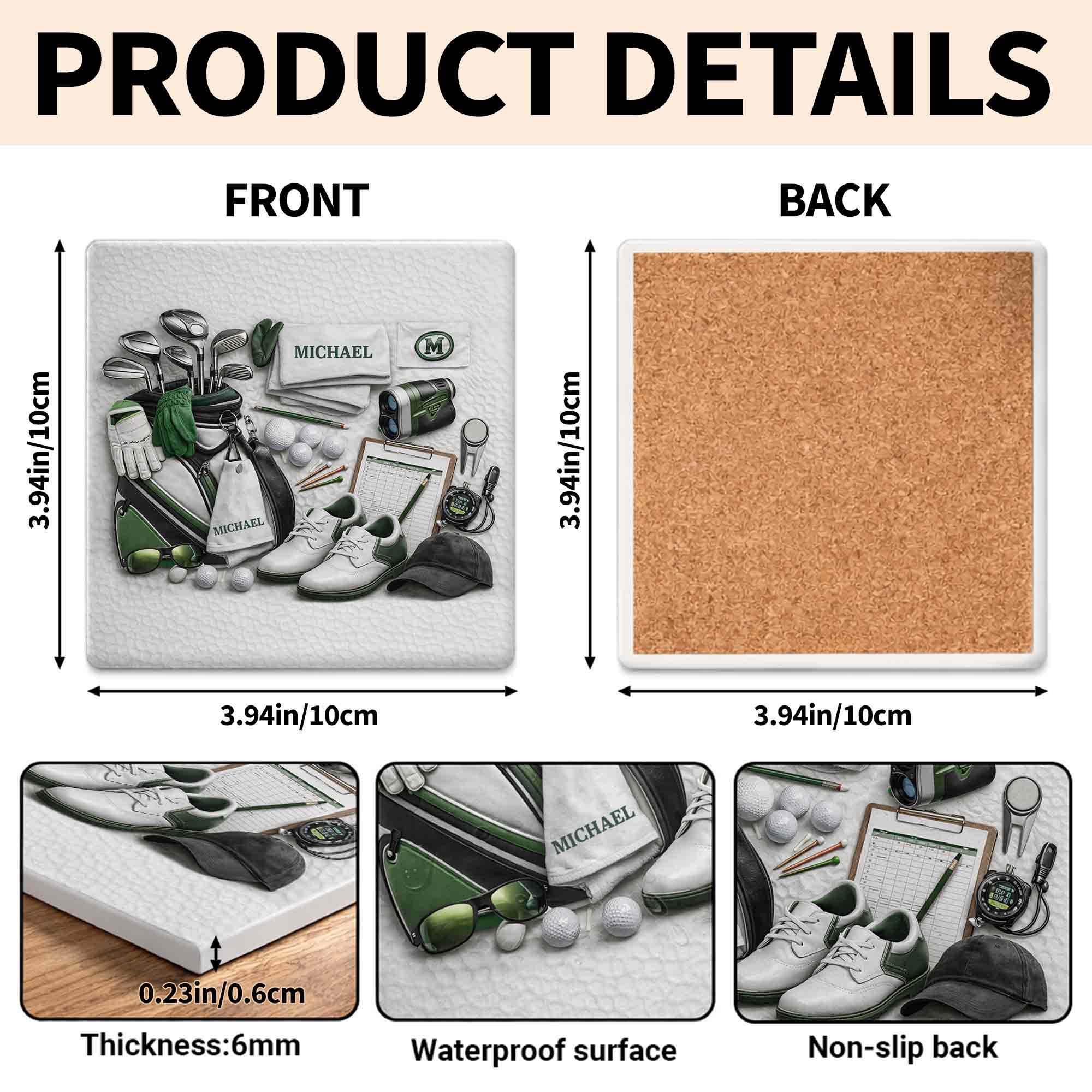 A Complete Set Of Golf Gear Personalized With Clubs And Shoes - Personalized Custom Ceramic Coaster, Square Shape - GOLF012_SOCO - Image 3