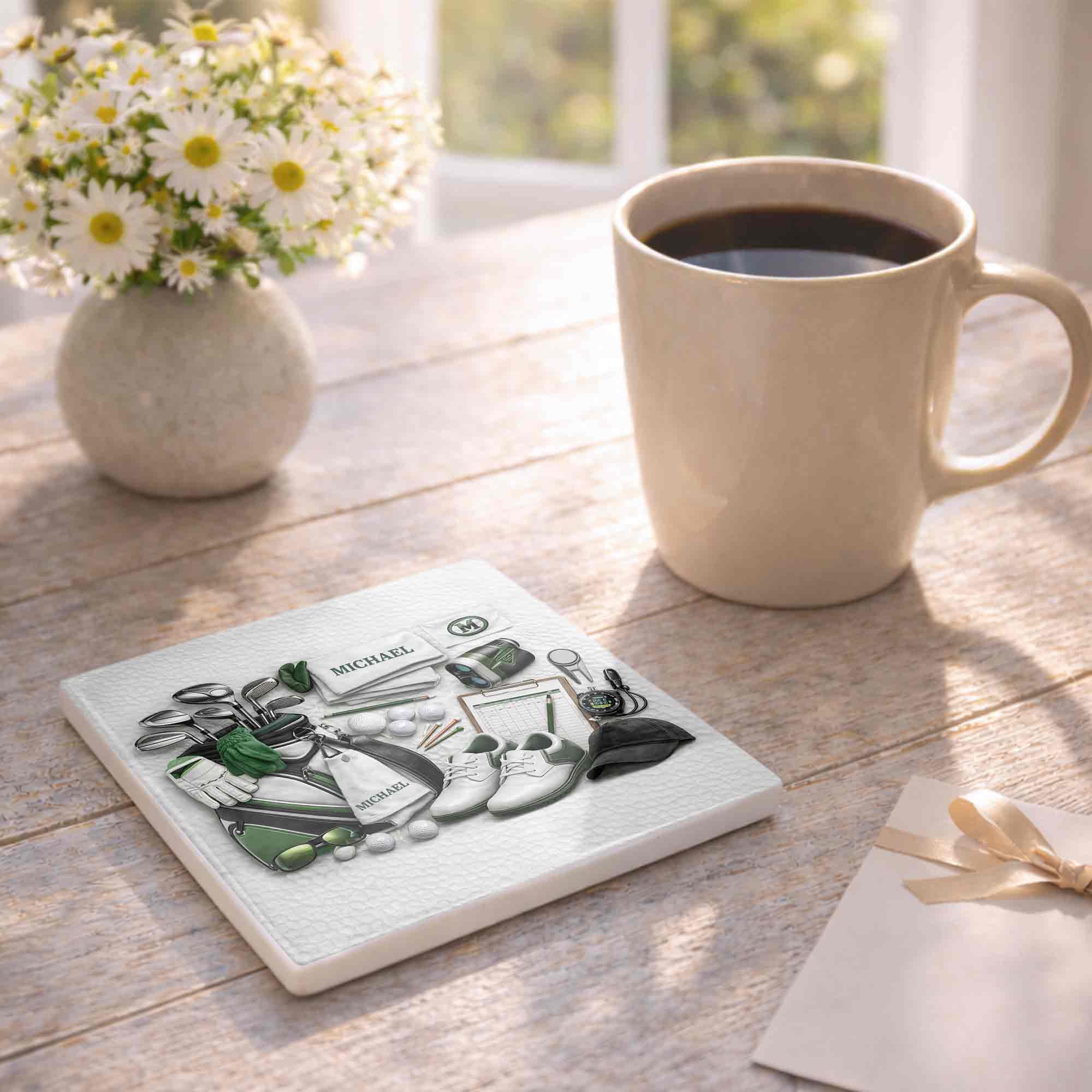 A Complete Set Of Golf Gear Personalized With Clubs And Shoes - Personalized Custom Ceramic Coaster, Square Shape - GOLF012_SOCO - Image 6