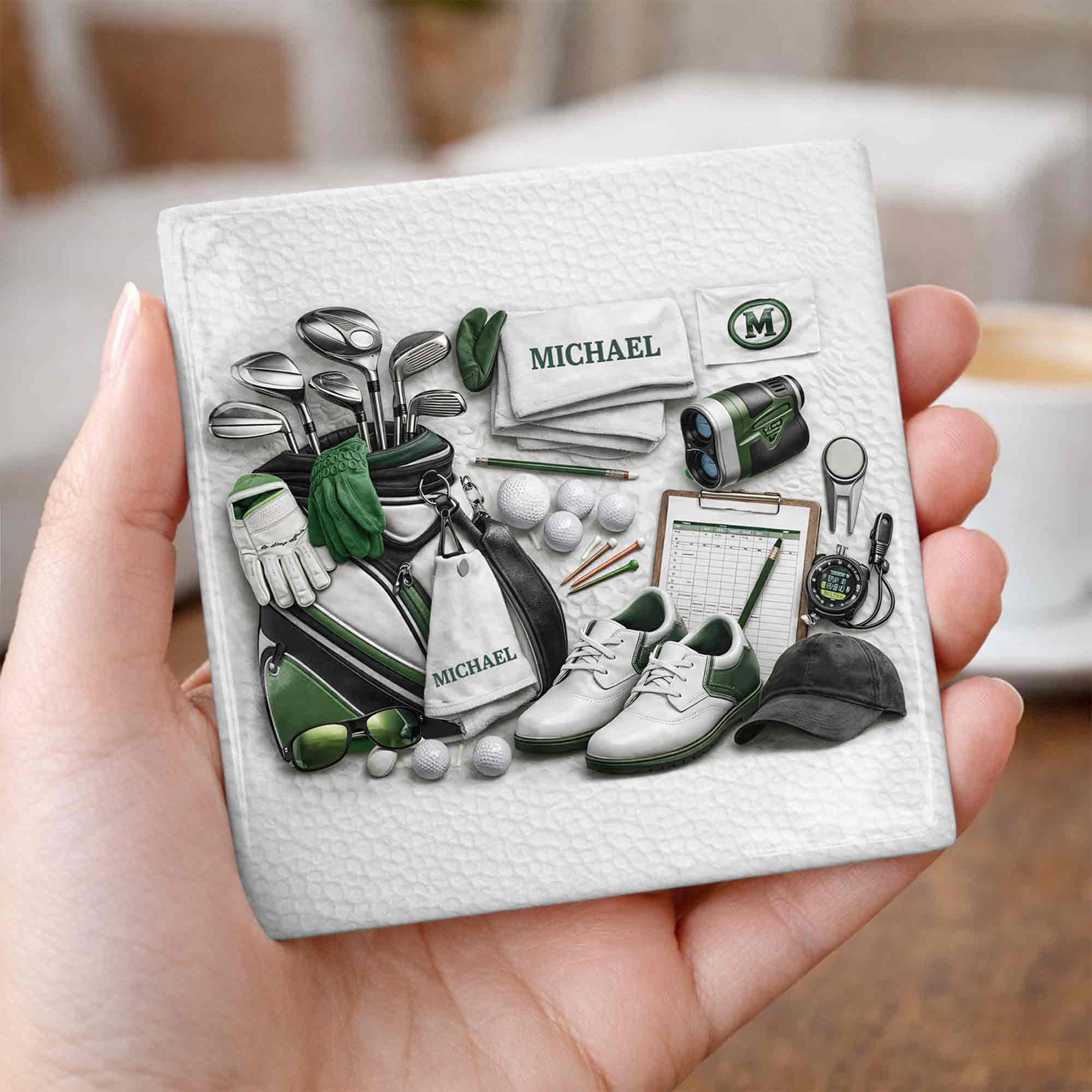 A Complete Set Of Golf Gear Personalized With Clubs And Shoes - Personalized Custom Ceramic Coaster, Square Shape - GOLF012_SOCO - Image 7