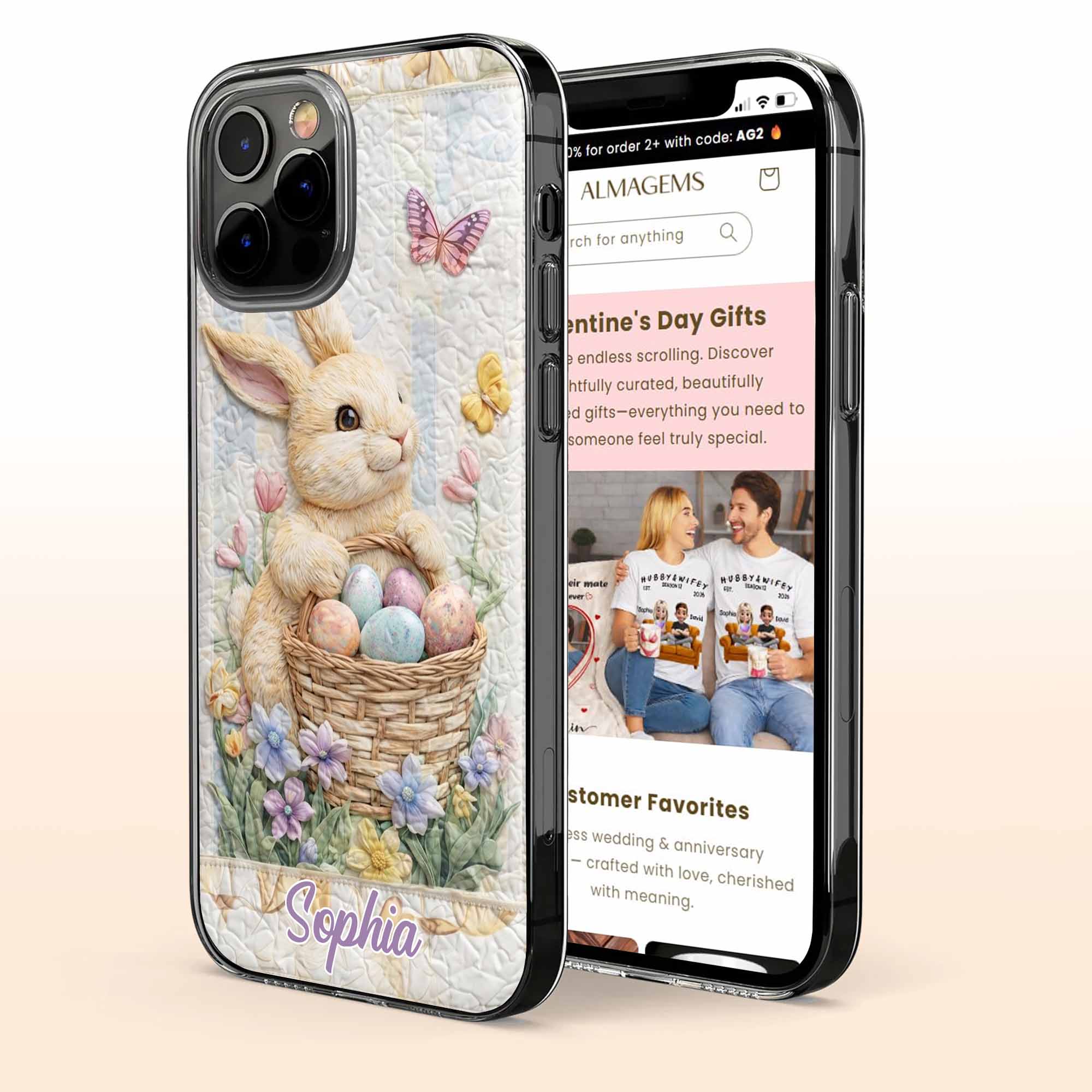 A Cute Bunny With An Easter Basket Full Of Flowers And Colorful Eggs - Personalized Clear Phone Case - FAM803_PHC - Image 3