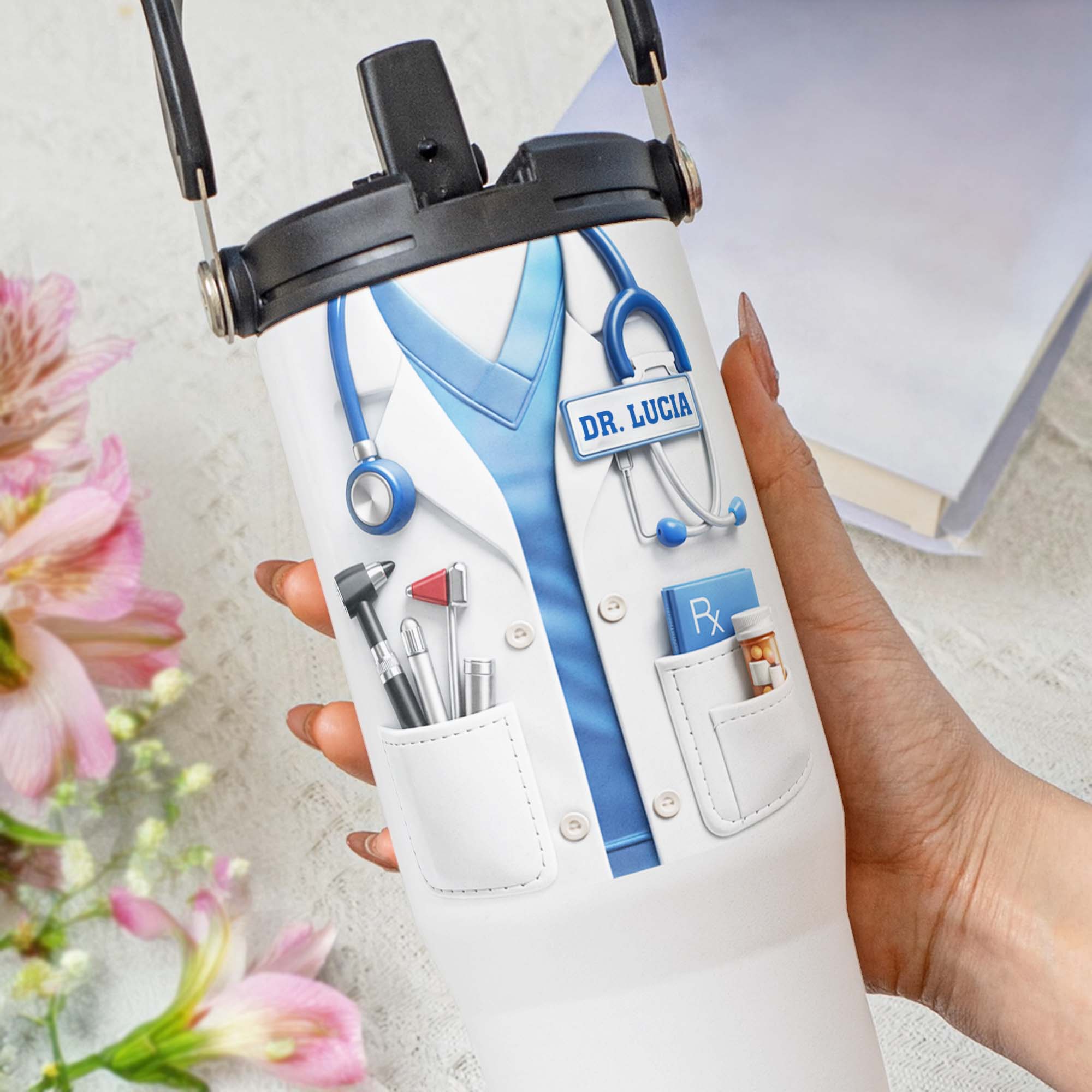 A Dedicated Healthcare Hero White Lab Coat With Stethoscope - Personalized 30oz Tumbler With Handle - DOC078_TBH - Image 3