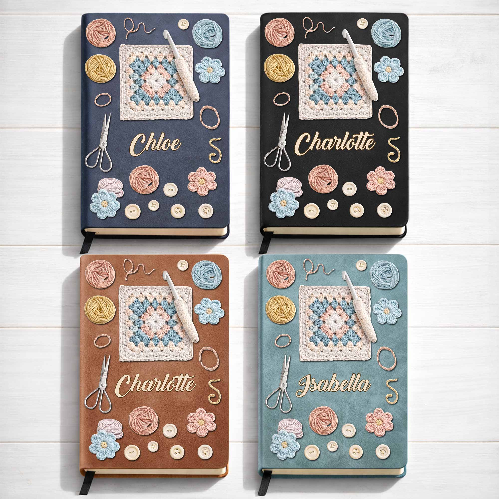 A Heart That Crafts Granny Square Crochet Hook And Yarn Balls - Personalized Leather Journal - HAND016_LEJO - Image 10