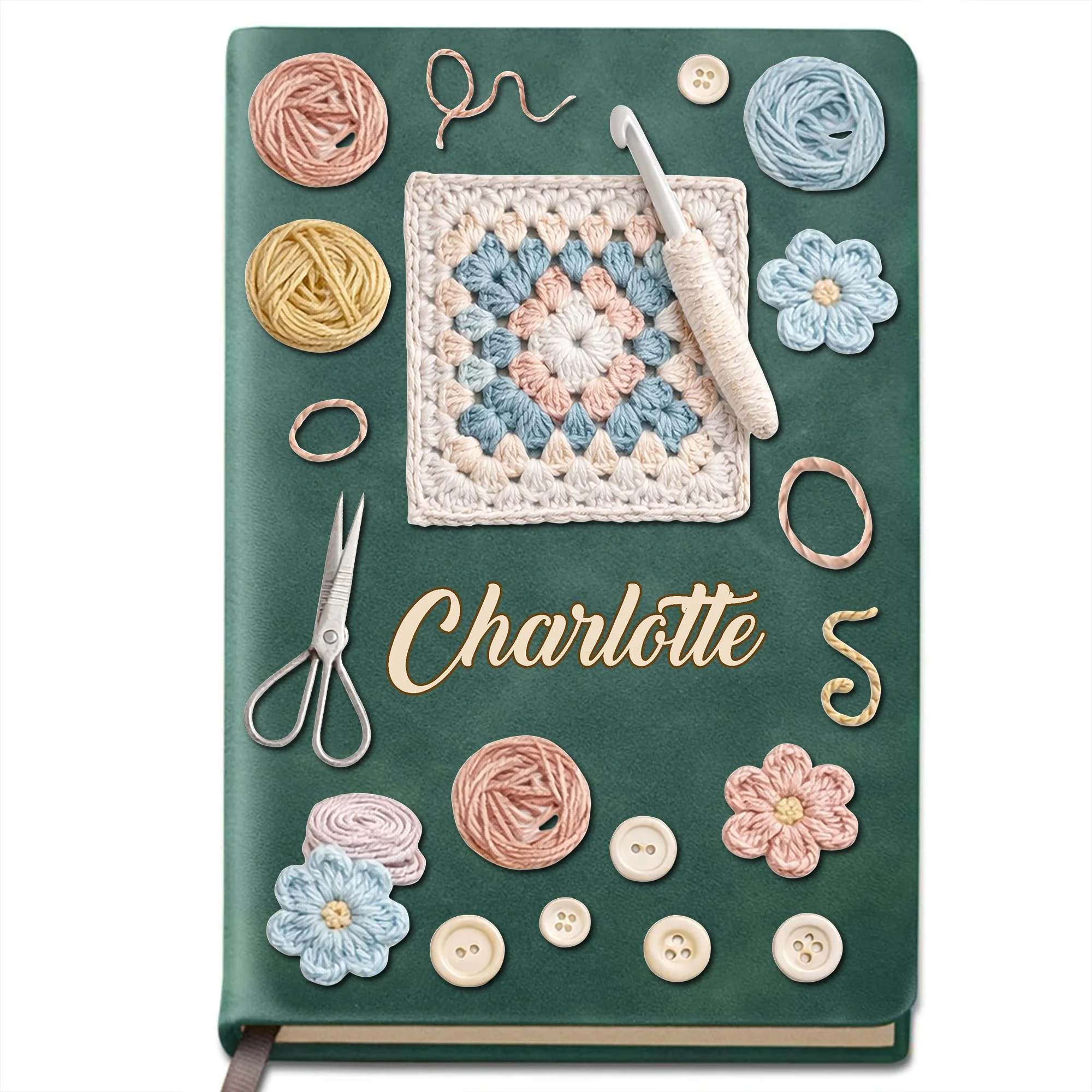 A Heart That Crafts Granny Square Crochet Hook And Yarn Balls - Personalized Leather Journal - HAND016_LEJO - Image 11