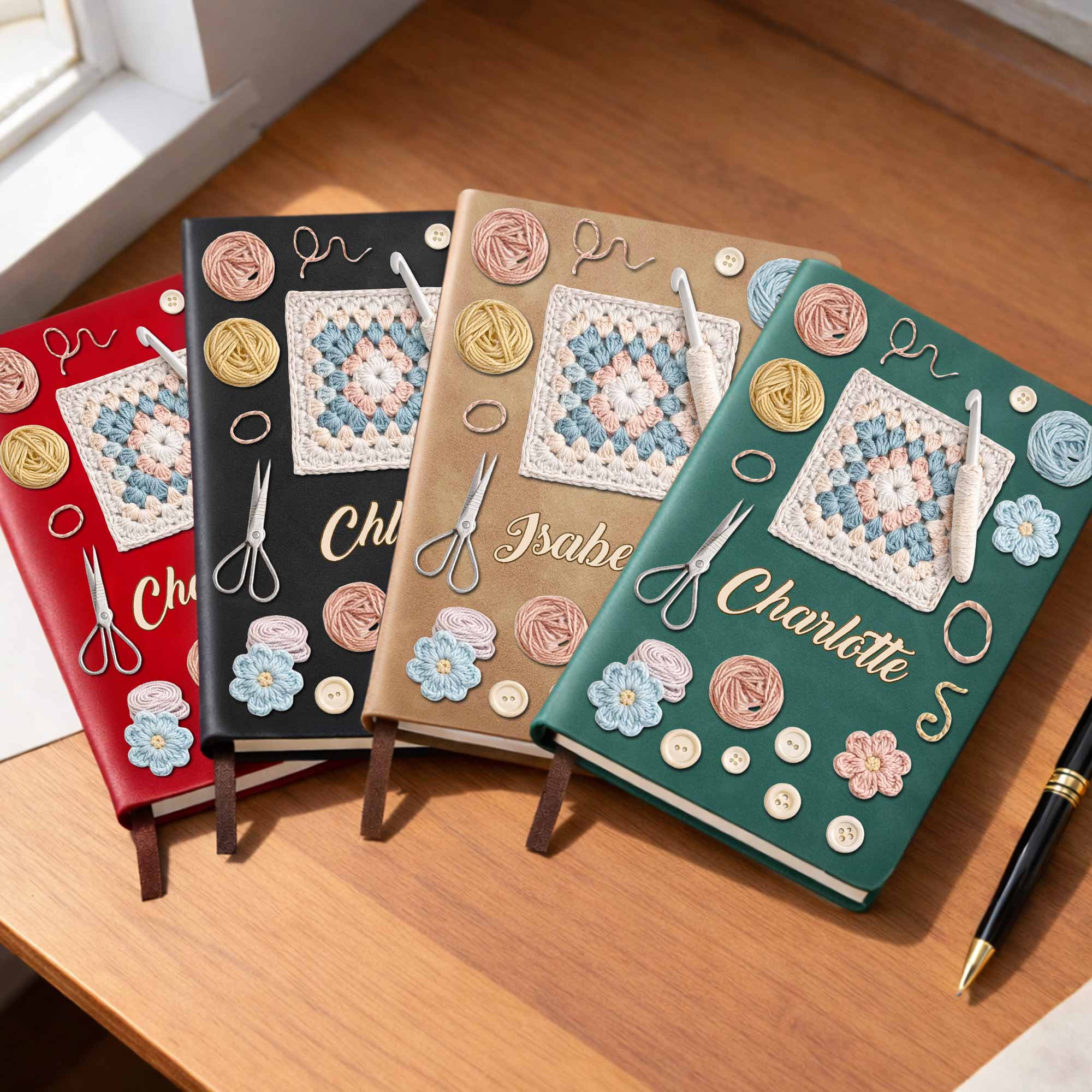 A Heart That Crafts Granny Square Crochet Hook And Yarn Balls - Personalized Leather Journal - HAND016_LEJO - Image 3