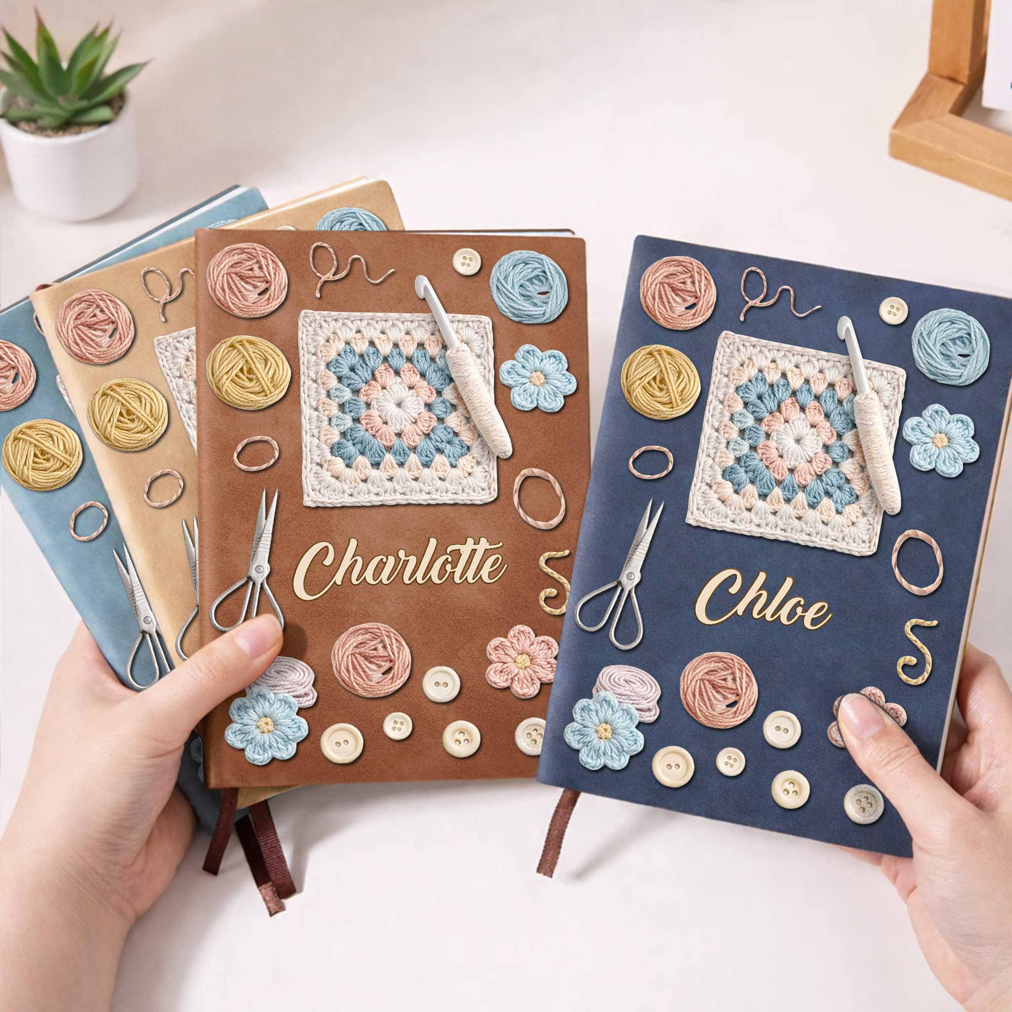 A Heart That Crafts Granny Square Crochet Hook And Yarn Balls - Personalized Leather Journal - HAND016_LEJO - Image 6
