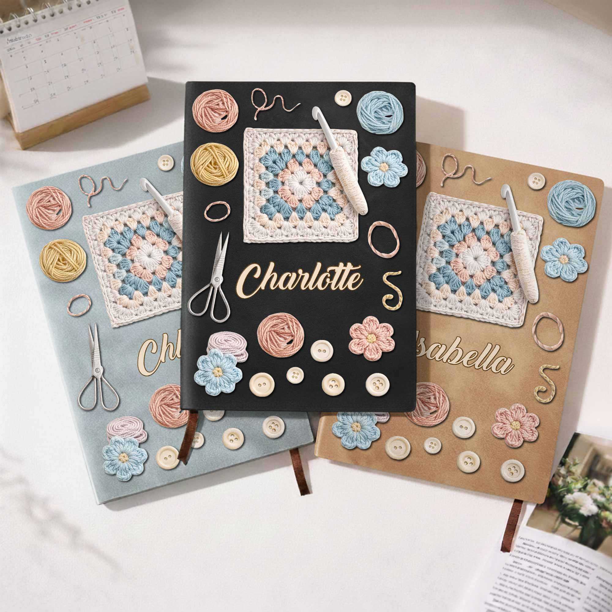 A Heart That Crafts Granny Square Crochet Hook And Yarn Balls - Personalized Leather Journal - HAND016_LEJO - Image 9