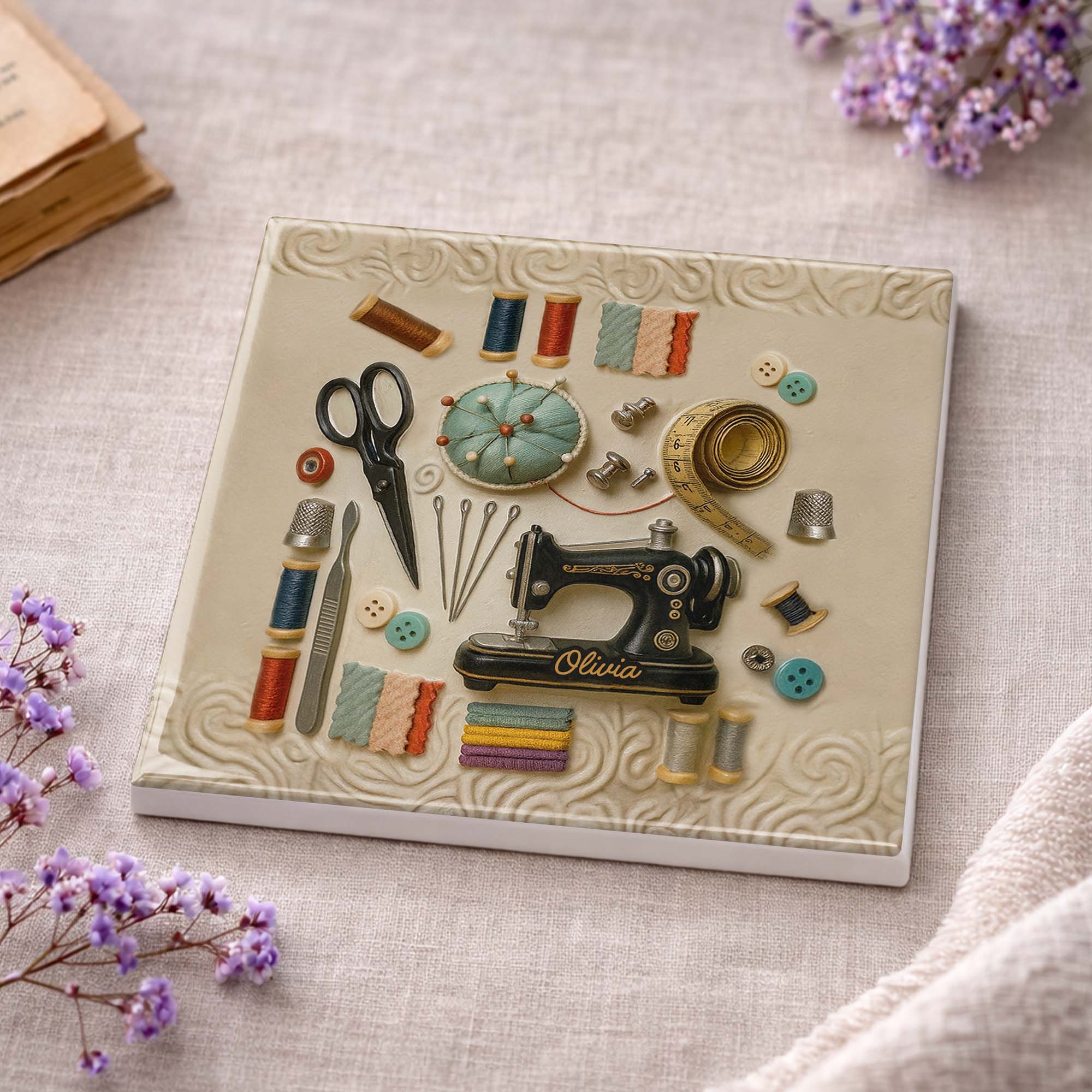 A Life Stitched With Love Sewing Machine And Crafting Tools - Personalized Custom Ceramic Coaster, Square Shape - JBS020_SOCO - Image 10