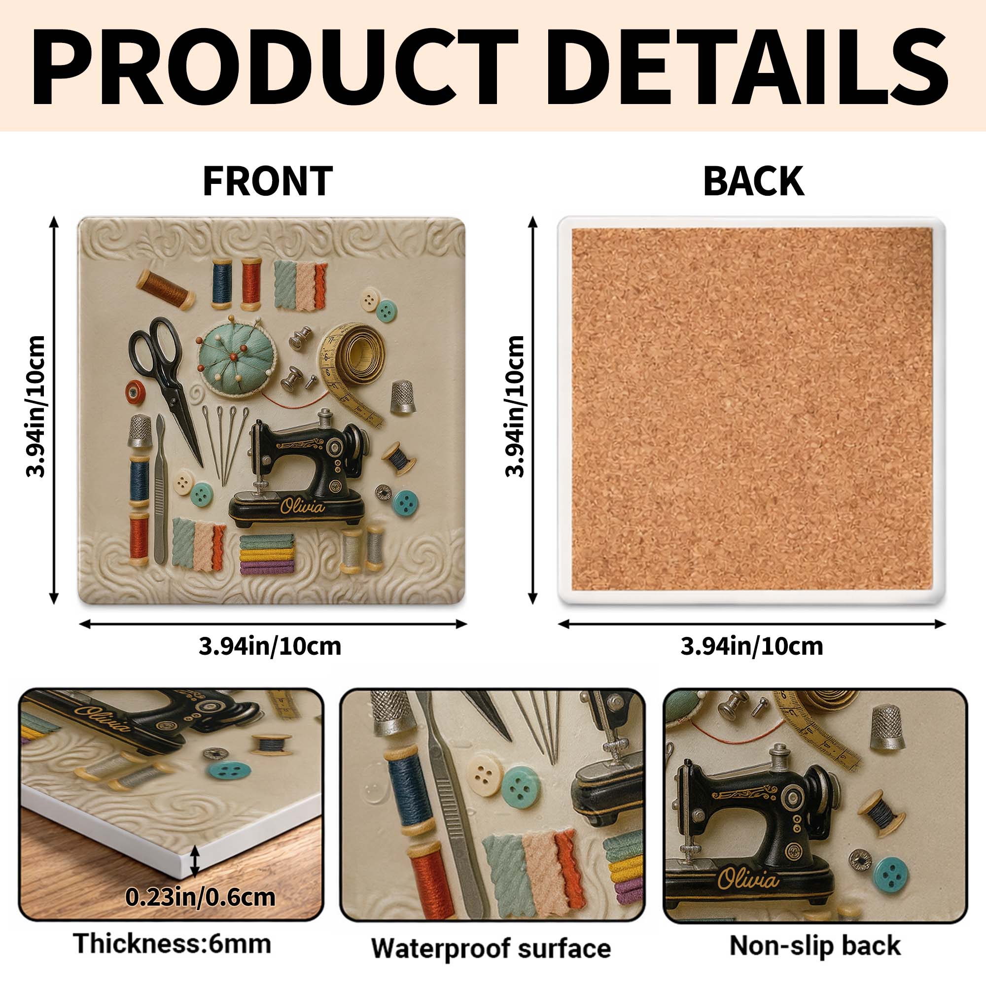 A Life Stitched With Love Sewing Machine And Crafting Tools - Personalized Custom Ceramic Coaster, Square Shape - JBS020_SOCO - Image 5