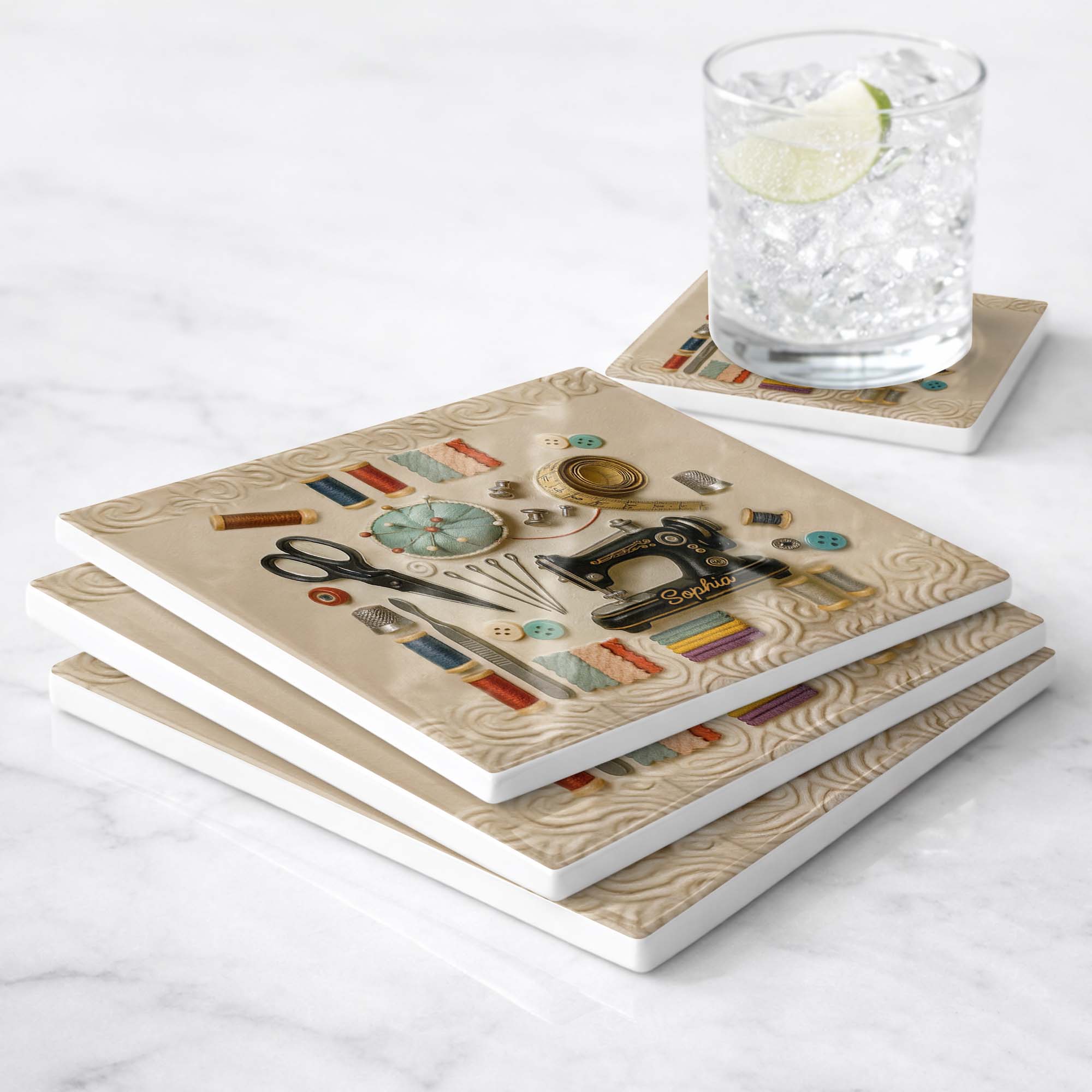 A Life Stitched With Love Sewing Machine And Crafting Tools - Personalized Custom Ceramic Coaster, Square Shape - JBS020_SOCO - Image 7