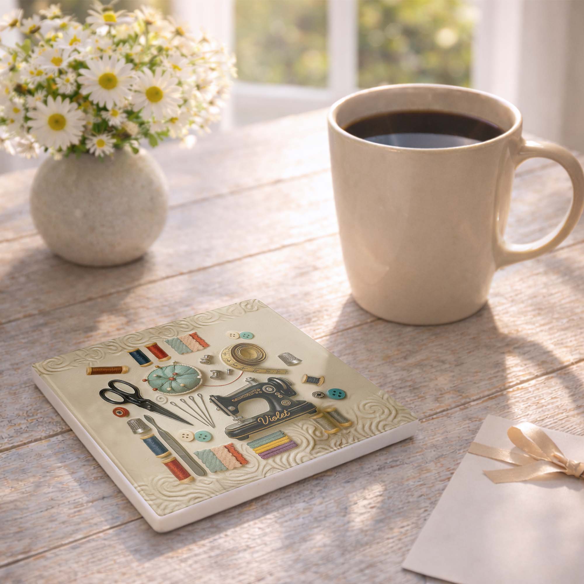A Life Stitched With Love Sewing Machine And Crafting Tools - Personalized Custom Ceramic Coaster, Square Shape - JBS020_SOCO - Image 8