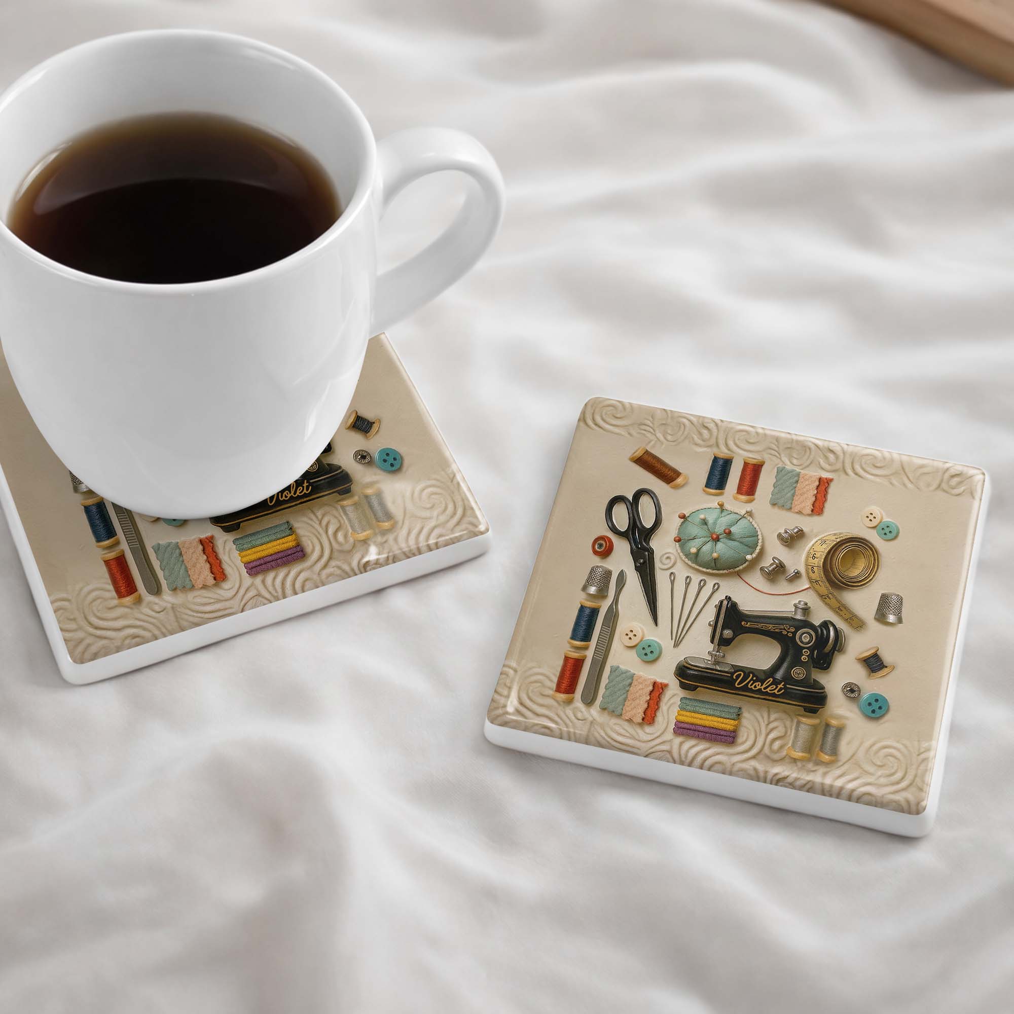A Life Stitched With Love Sewing Machine And Crafting Tools - Personalized Custom Ceramic Coaster, Square Shape - JBS020_SOCO - Image 9