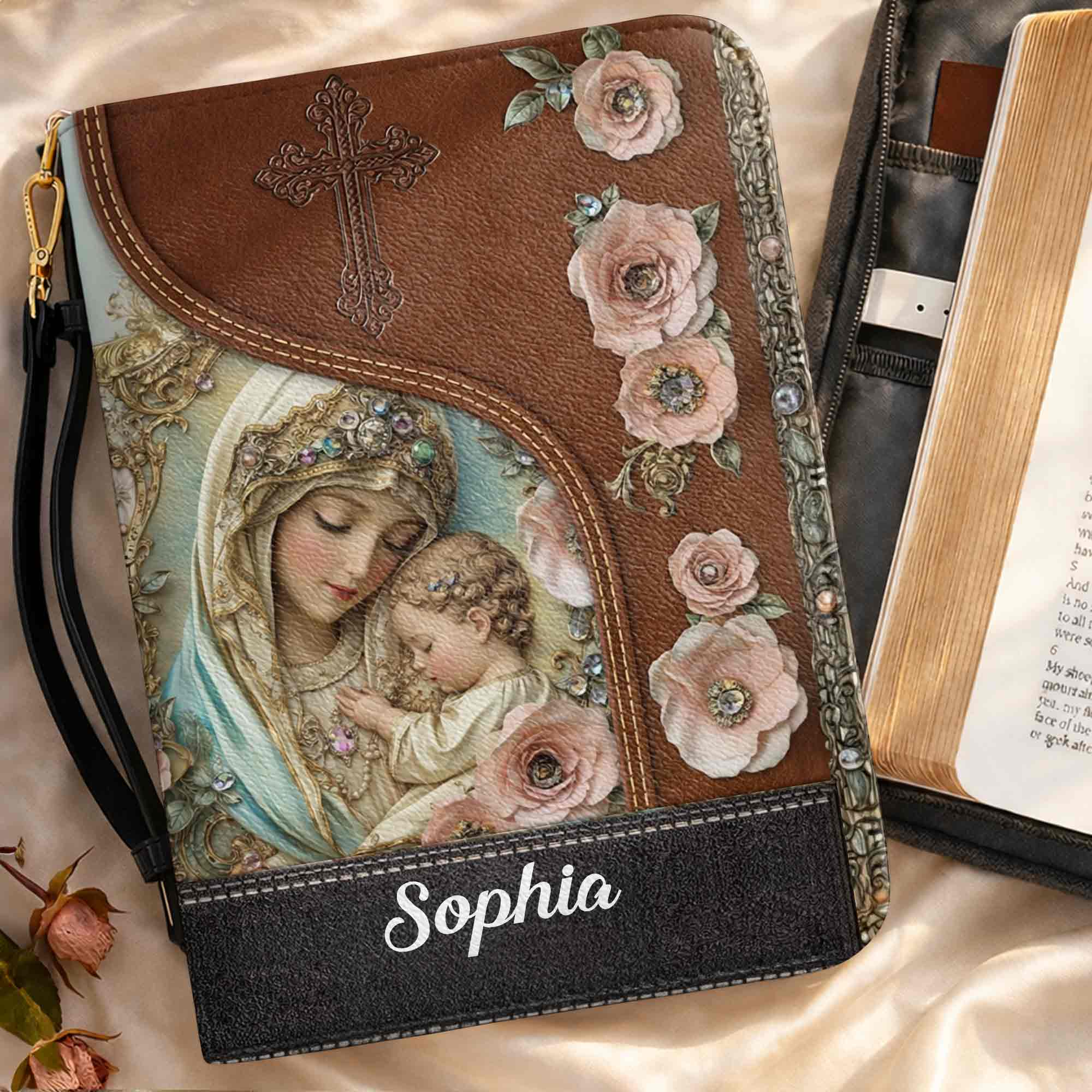 A Mother's Love Reflection Of Grace With Virgin Mary And Flowers - Personalized Custom Bible Cover - FTH139_BIBCO