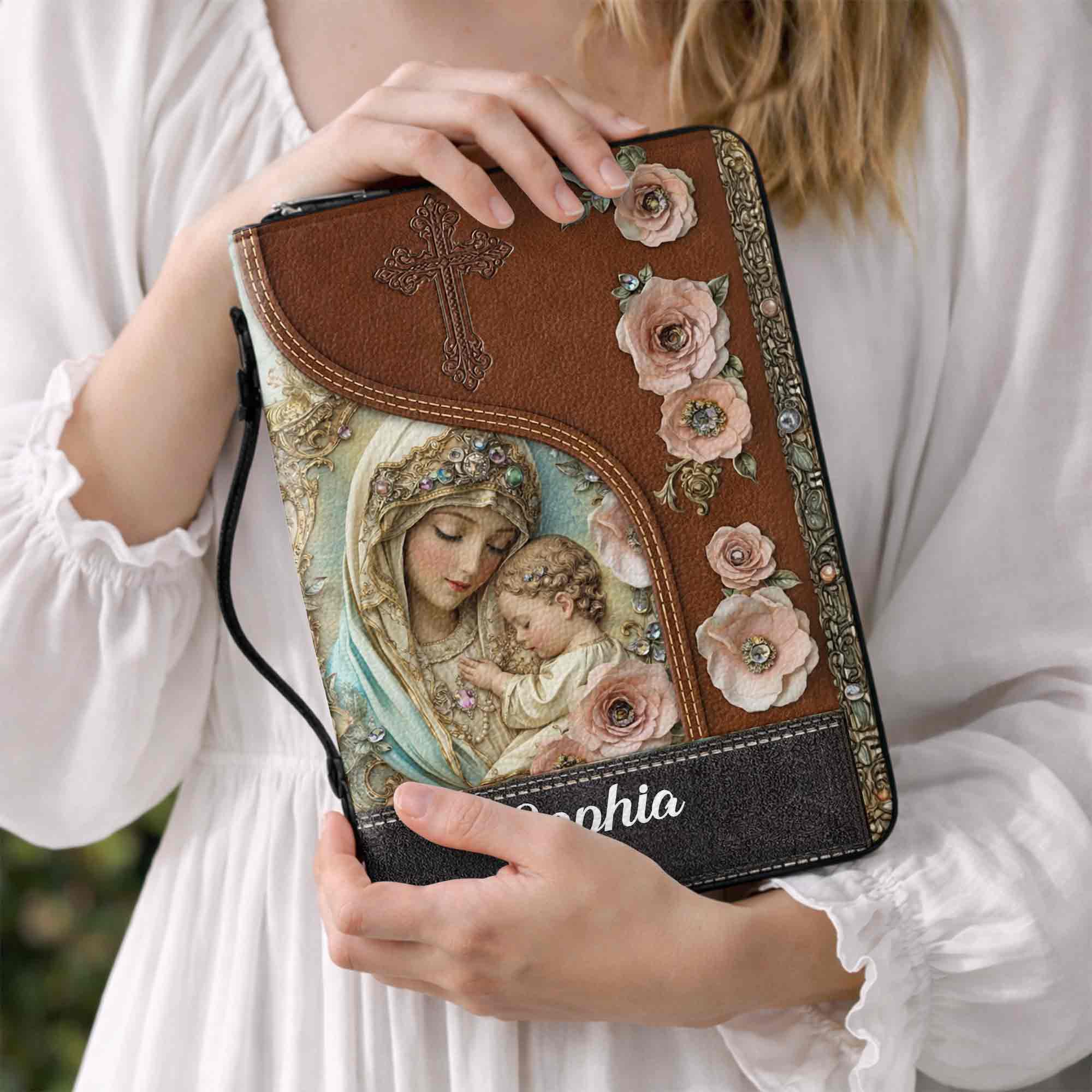 A Mother's Love Reflection Of Grace With Virgin Mary And Flowers - Personalized Custom Bible Cover - FTH139_BIBCO - Image 2