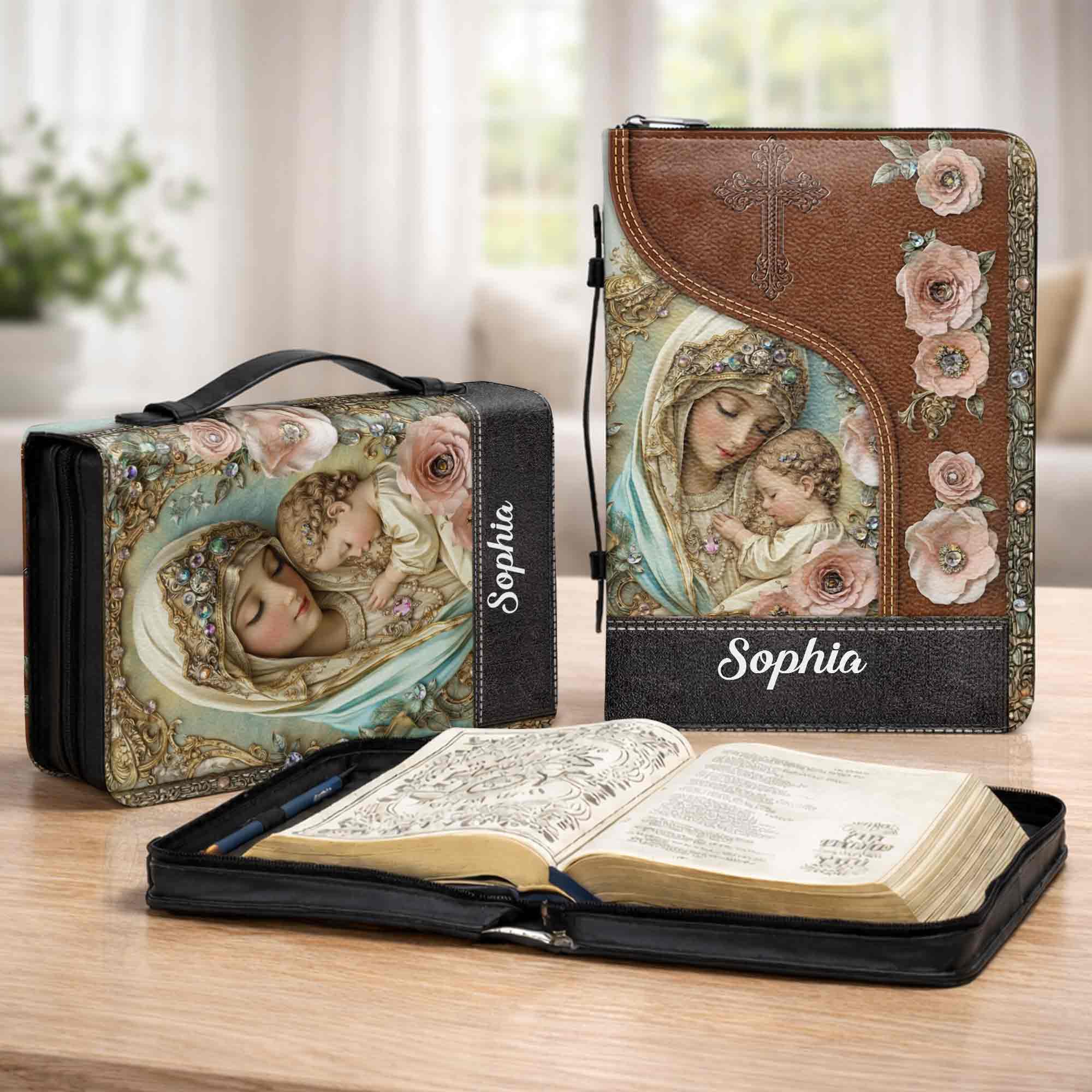 A Mother's Love Reflection Of Grace With Virgin Mary And Flowers - Personalized Custom Bible Cover - FTH139_BIBCO - Image 4
