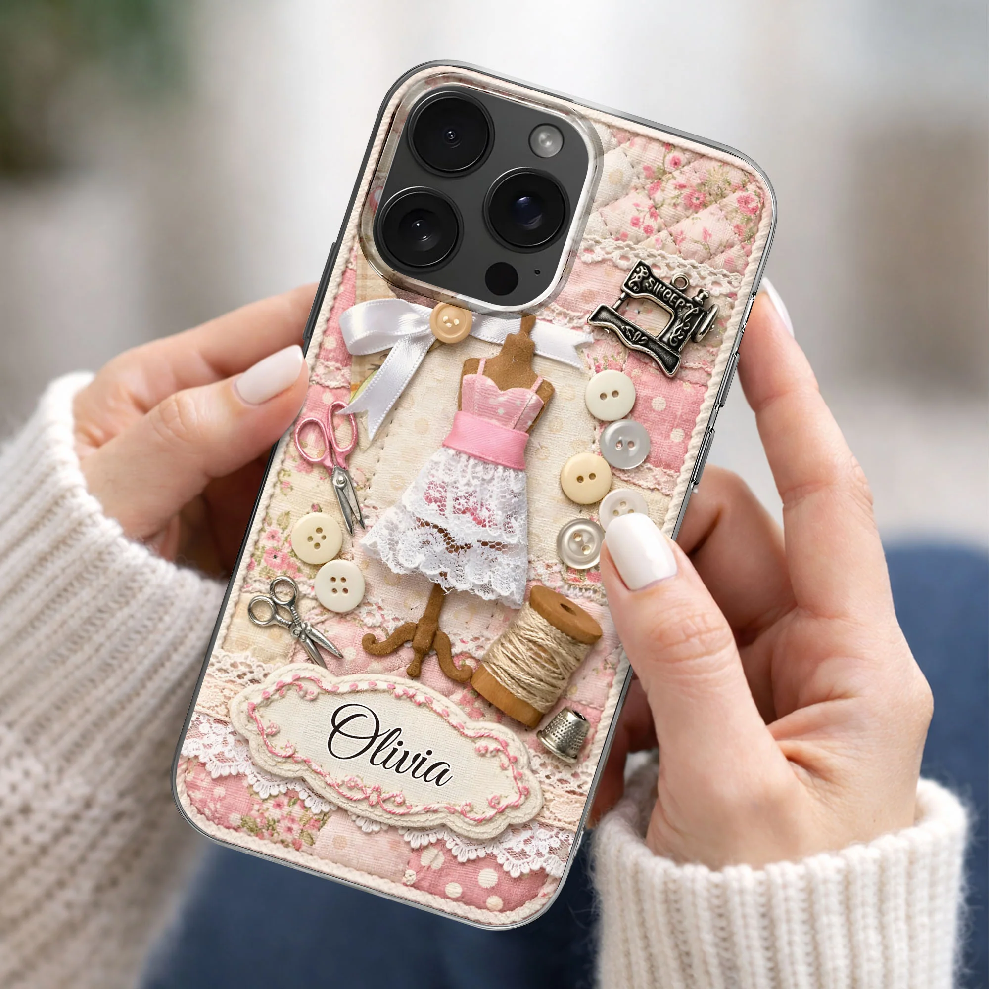 A Seamstress Works With Threads Of Love Sewing Machine And Buttons - Personalized Clear Phone Case - HAND027_PHC - Image 2