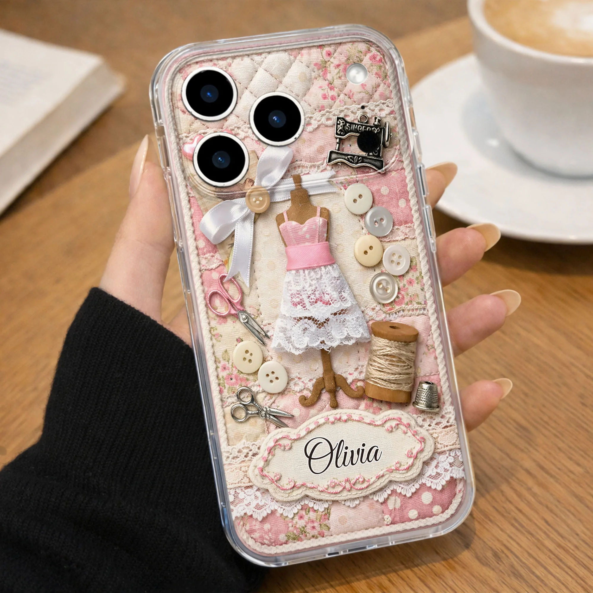 A Seamstress Works With Threads Of Love Sewing Machine And Buttons - Personalized Clear Phone Case - HAND027_PHC - Image 6