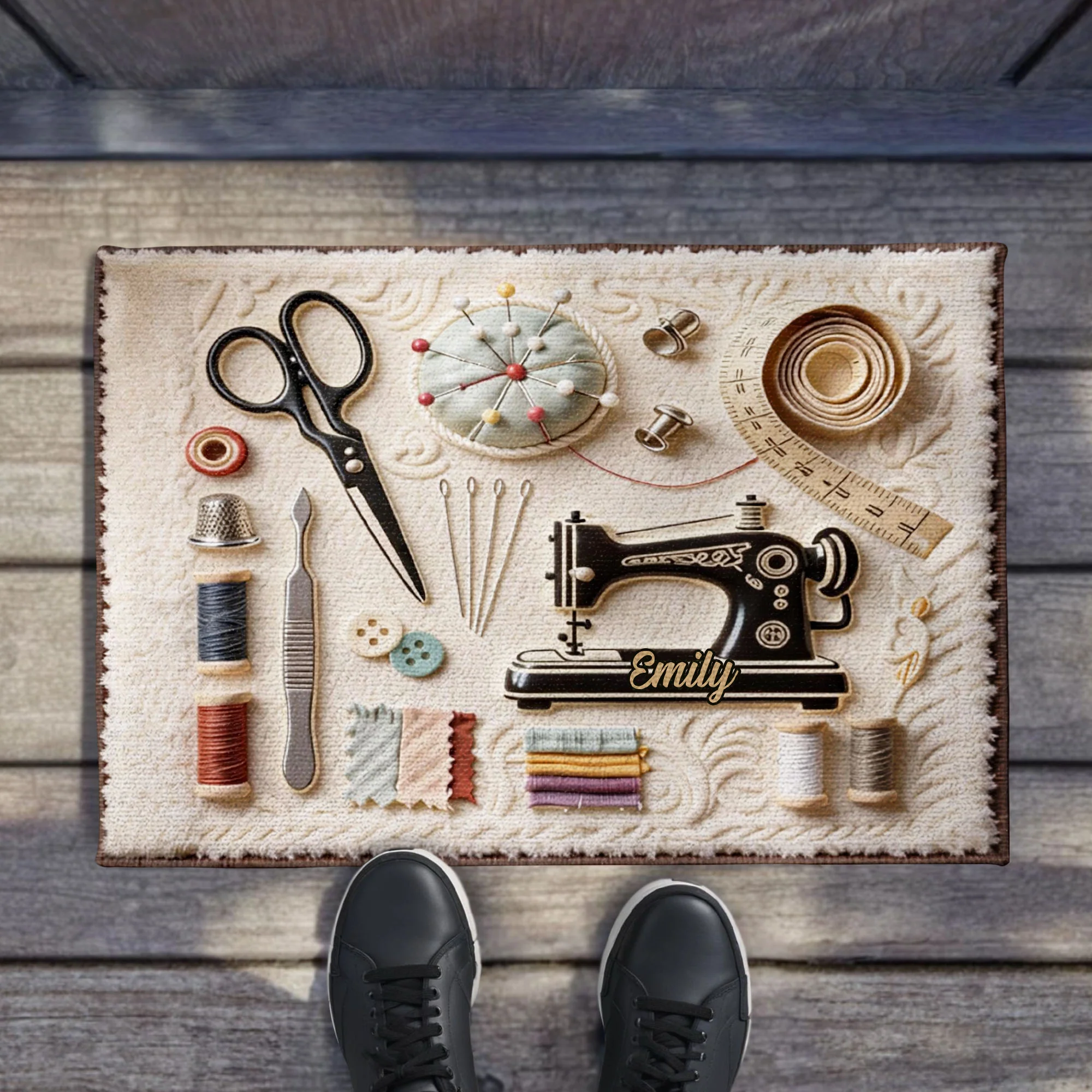 A Sewing Room Filled With Love Featuring Sewing Machine And Crafting Tools - Personalized Custom Doormat - HAND033_DRM - Image 2