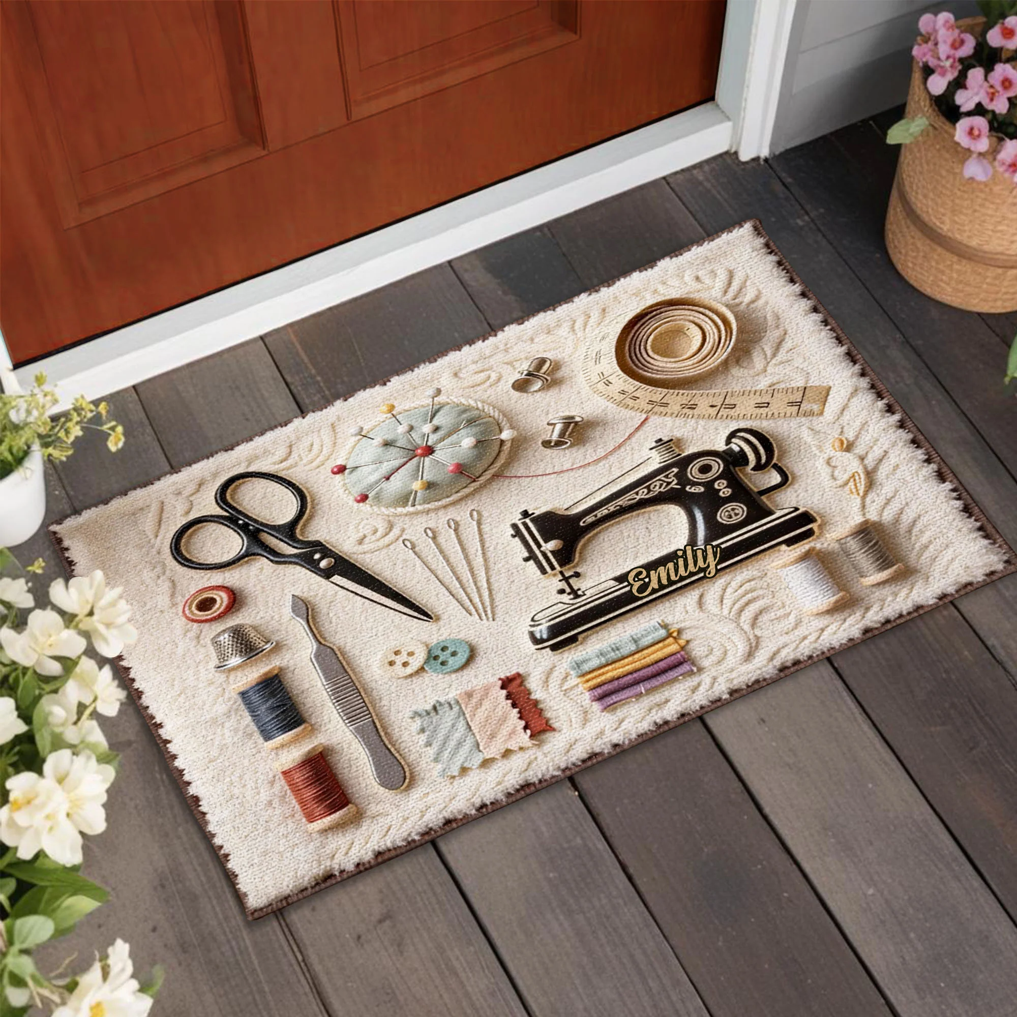 A Sewing Room Filled With Love Featuring Sewing Machine And Crafting Tools - Personalized Custom Doormat - HAND033_DRM - Image 4