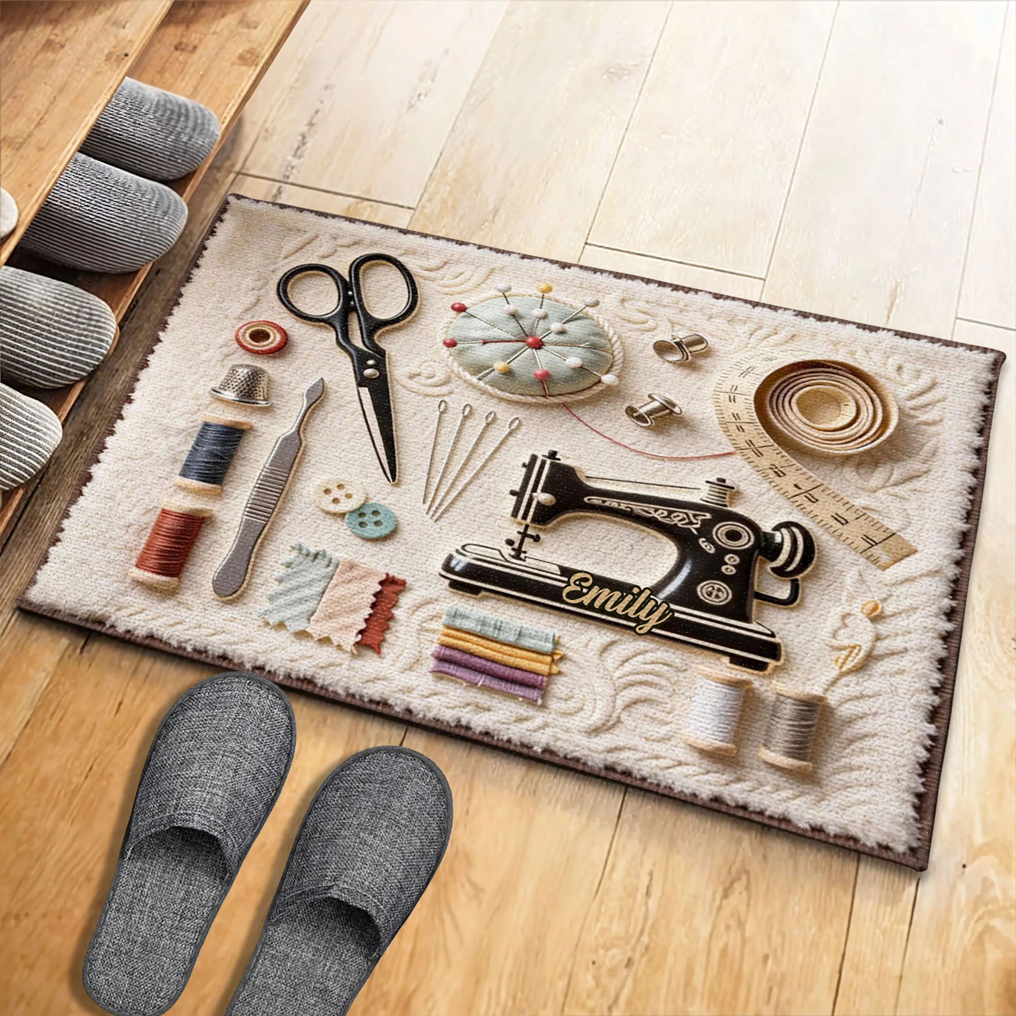 A Sewing Room Filled With Love Featuring Sewing Machine And Crafting Tools - Personalized Custom Doormat - HAND033_DRM - Image 5