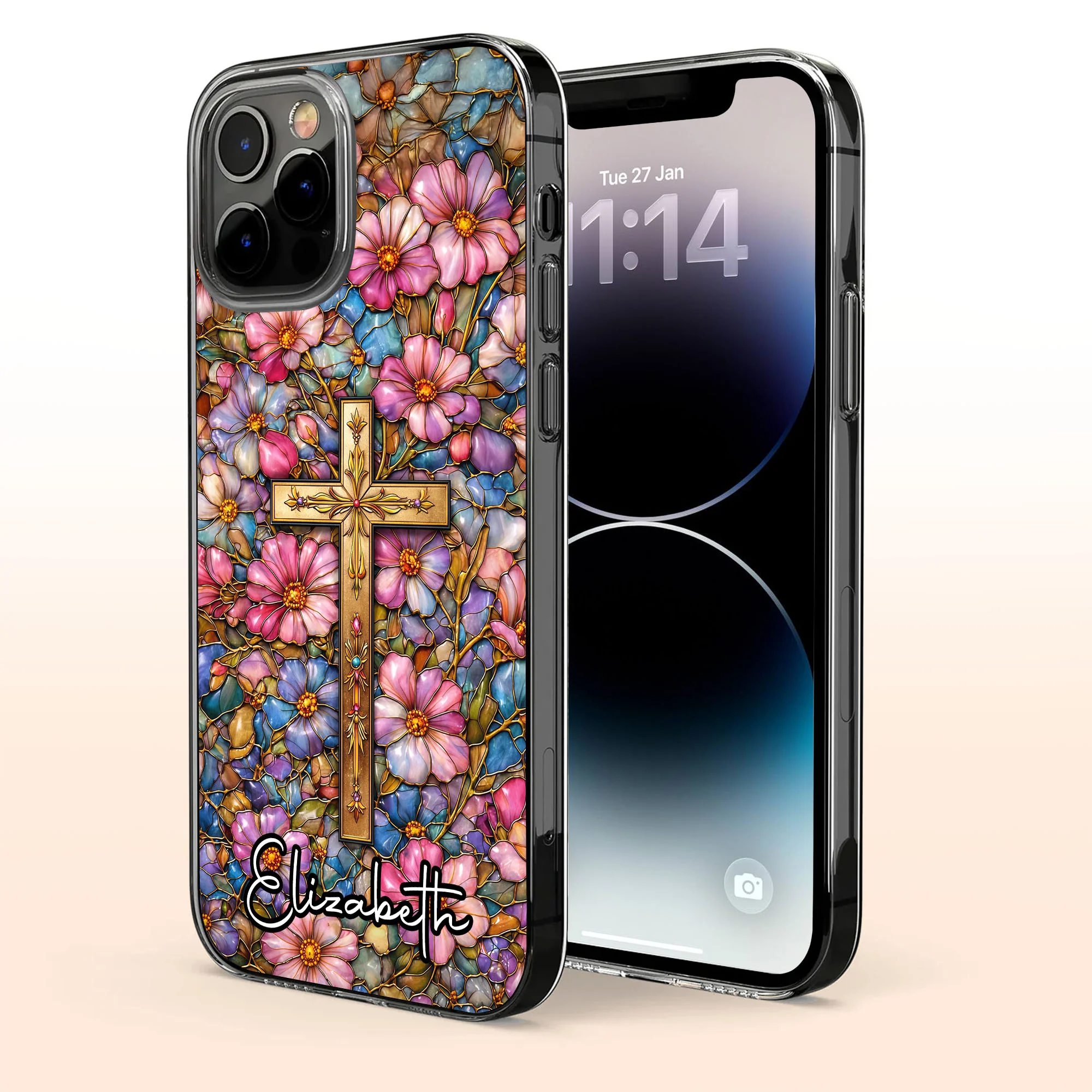 A Symbol Of Faith Surrounded By Stained Glass Flowers And Cross - Personalized Clear Phone Case - FTH128_PHC - Image 3