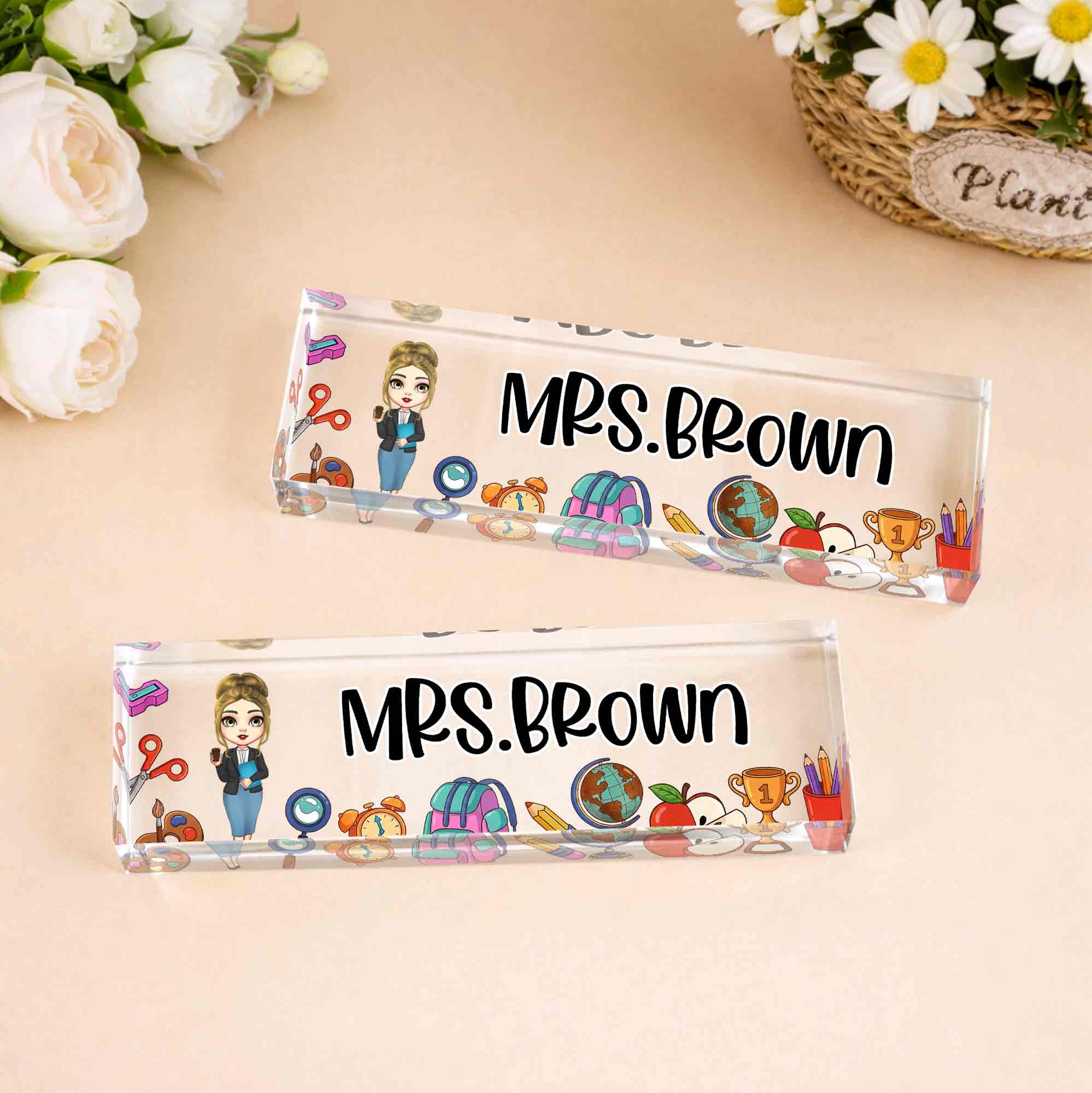 A Teacher Takes A Hand With Apple And Classroom Supplies - Personalized Acrylic Desk Name Plate - TEACH028_DEPLA - Image 6
