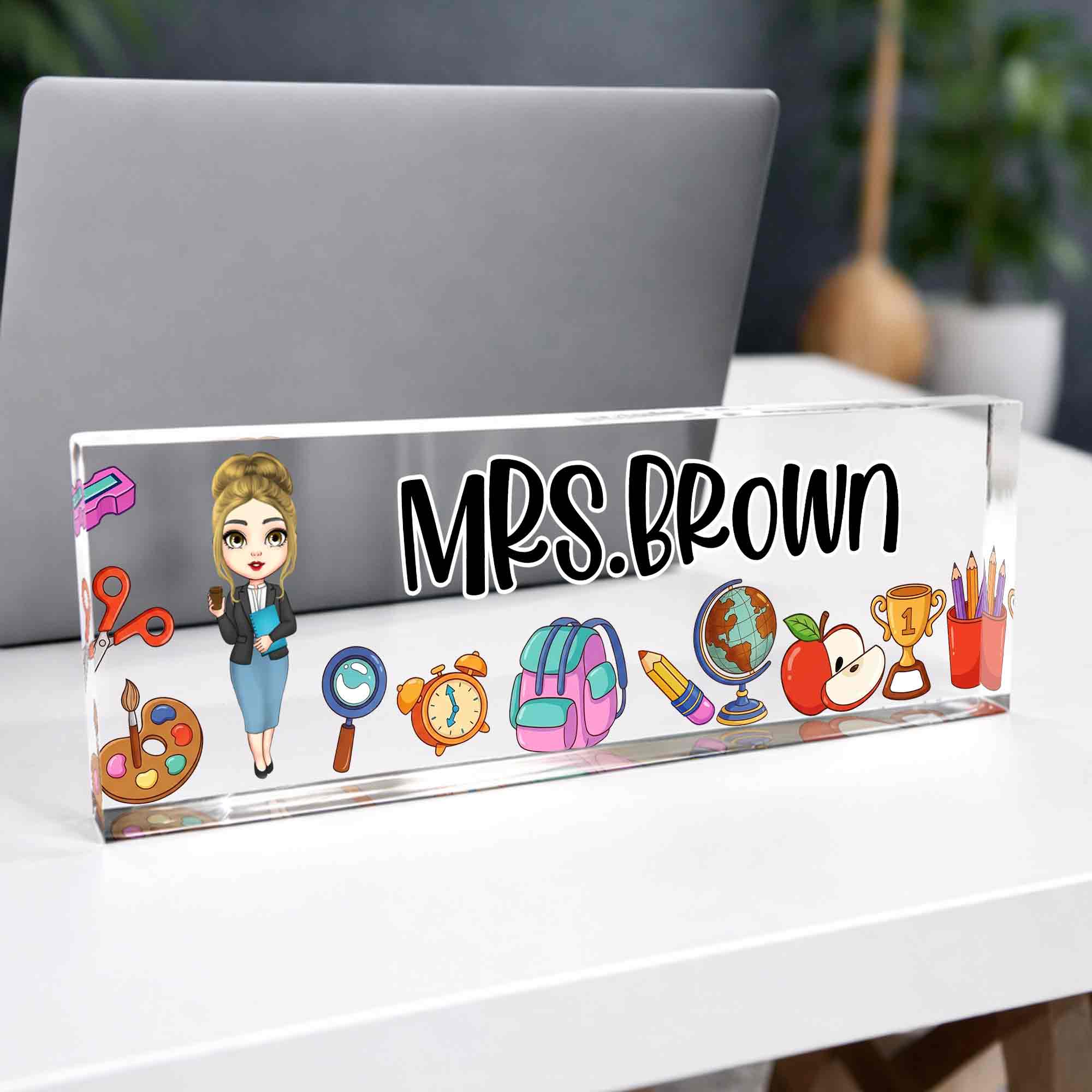 A Teacher Takes A Hand With Apple And Classroom Supplies - Personalized Acrylic Desk Name Plate - TEACH028_DEPLA - Image 9