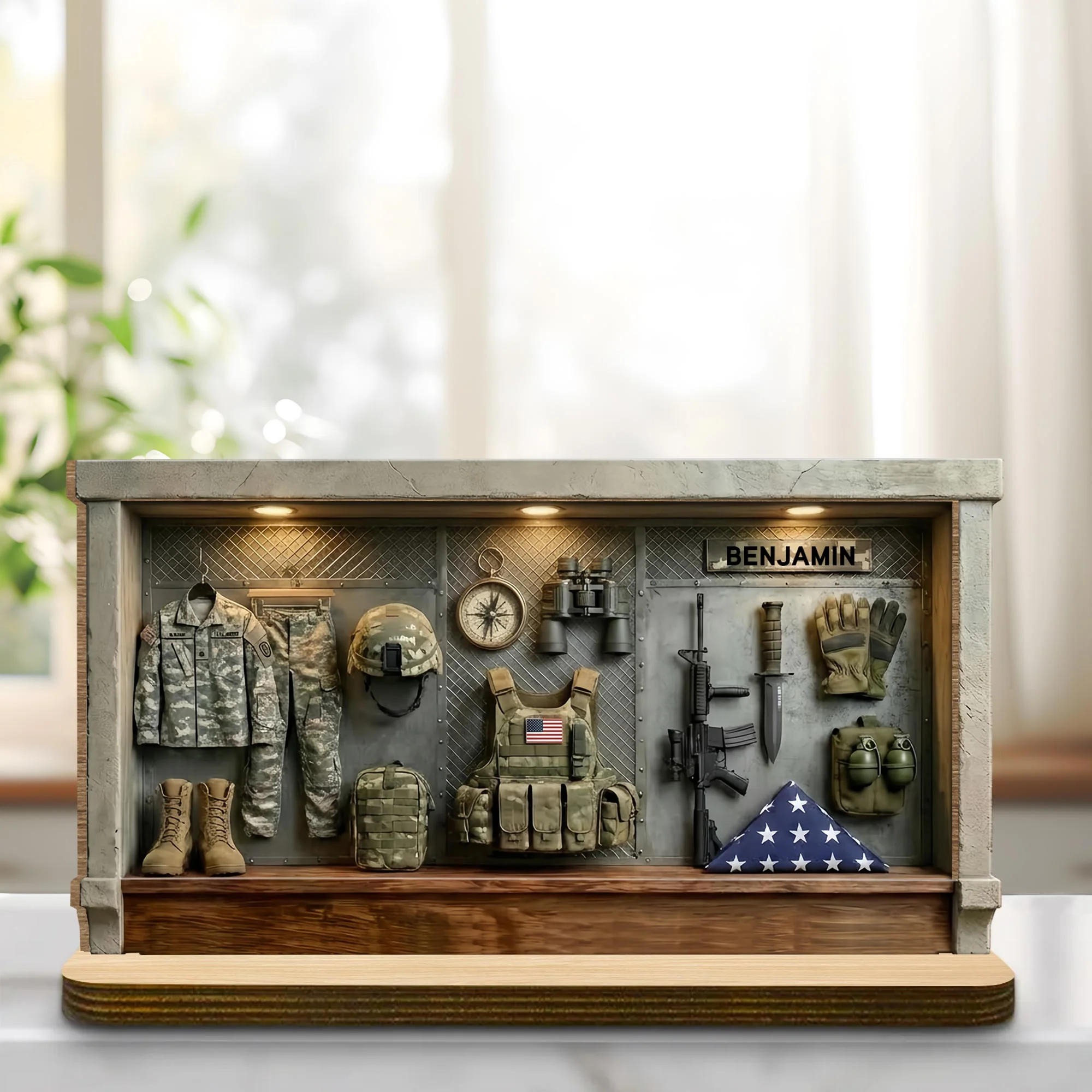 A Tribute To The Brave Military Gear Shadow Box Display - Personalized Custom 2-Layer Wood Plaque With Flat Base - VTR003_WPLA