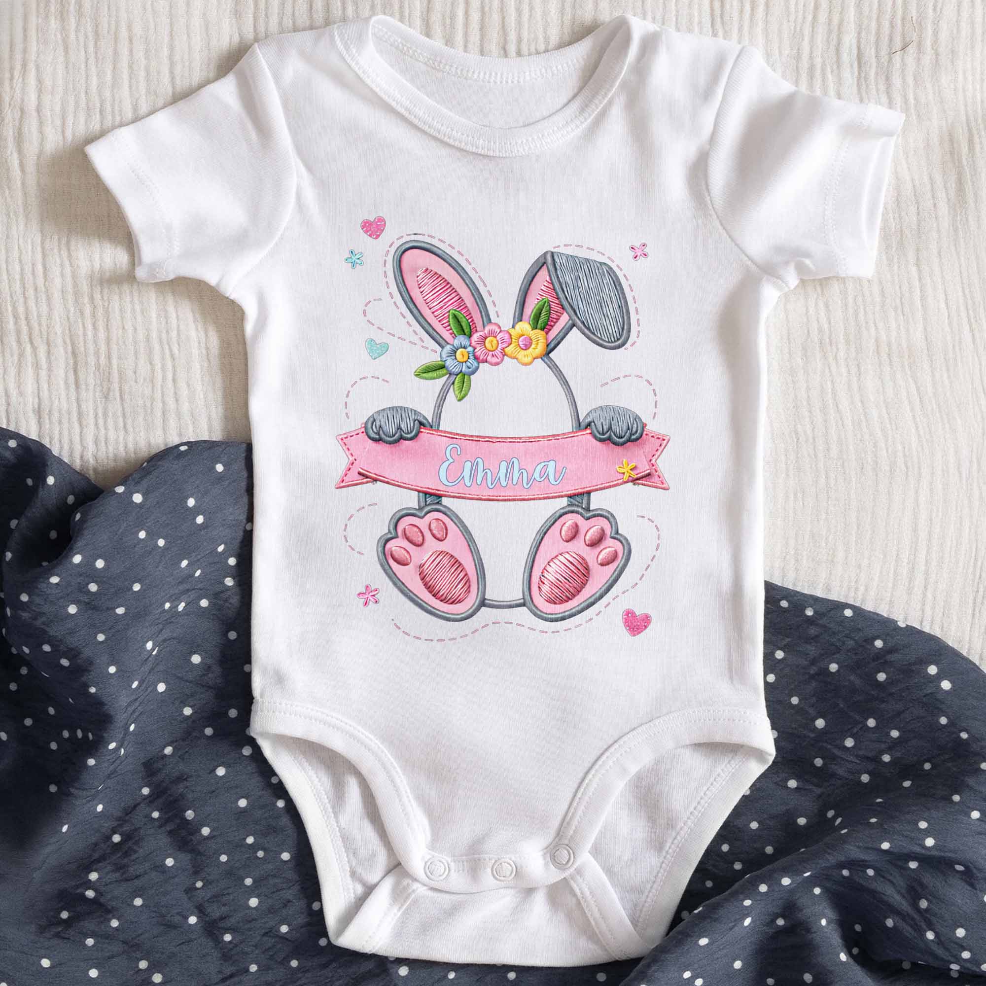 Adorable Bunny With Flower Crown Holding A Pink Banner With Hearts - Personalized Custom Baby Onesie - KID545_ONES - Image 3