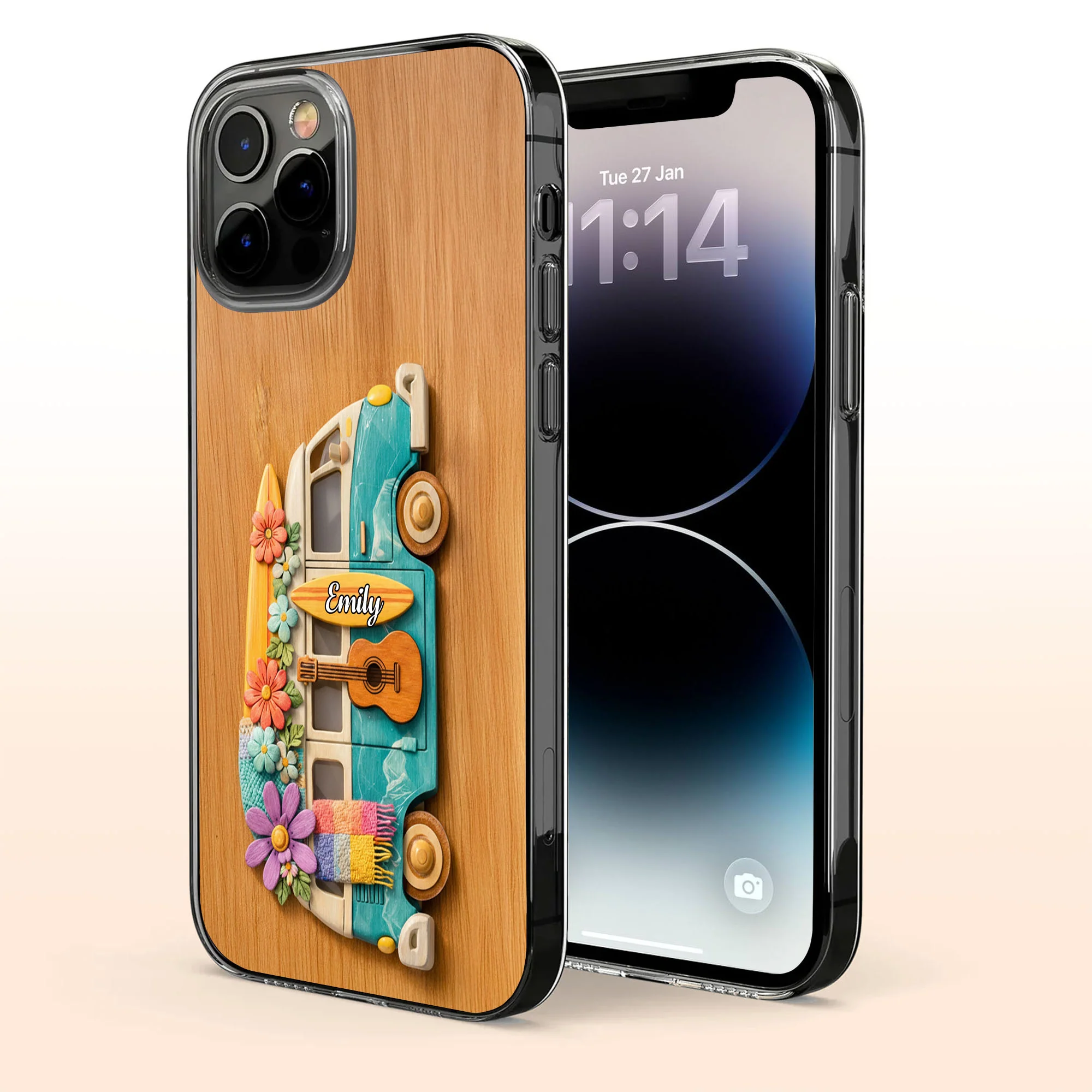 Adventure Awaits Retro Van With Flowers Surfboard And Guitar - Personalized Clear Phone Case - MUSIC029_PHC - Image 3