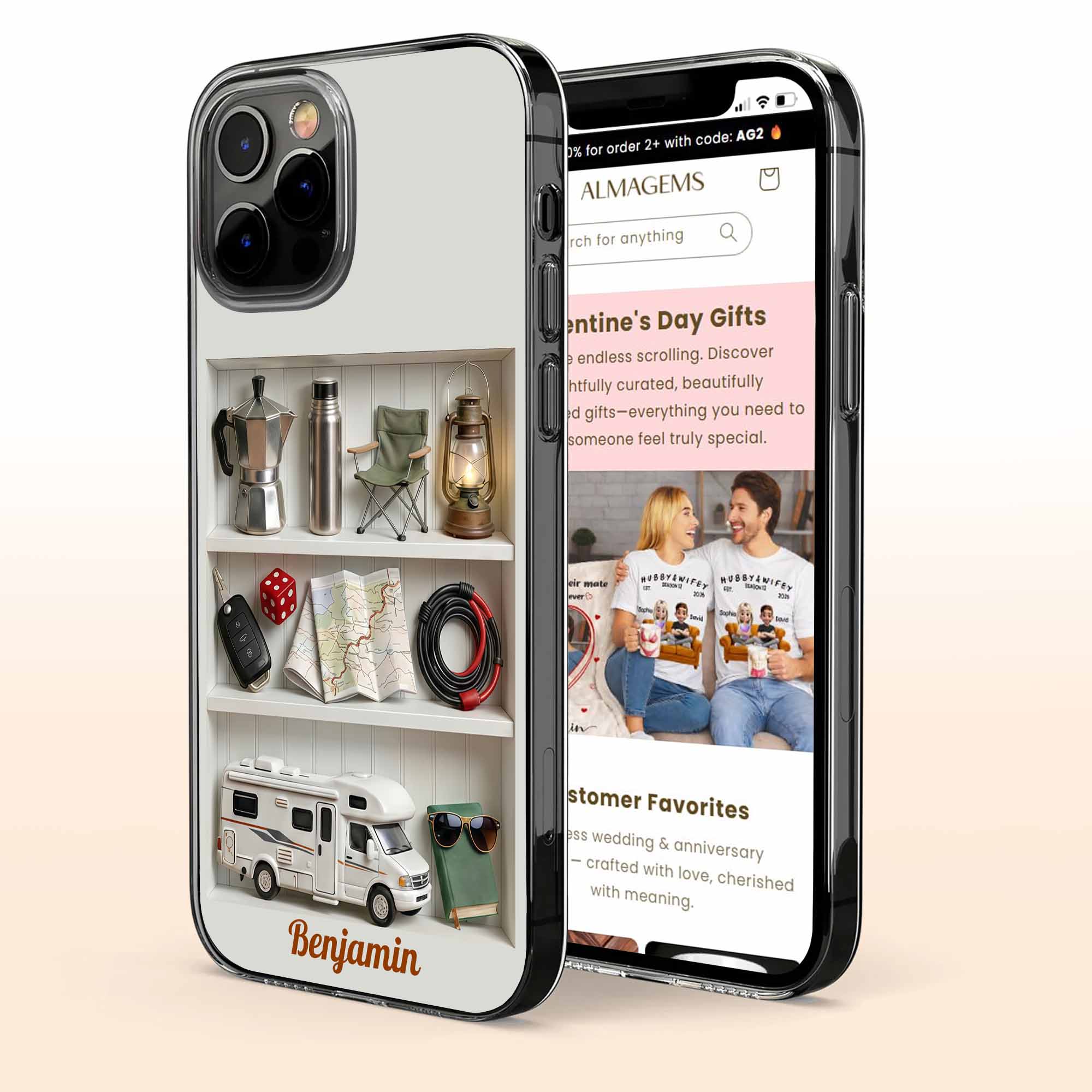 Adventure Awaits RV And Camping Gear Shelf Design - Personalized Clear Phone Case - CAMP011_PHC - Image 3