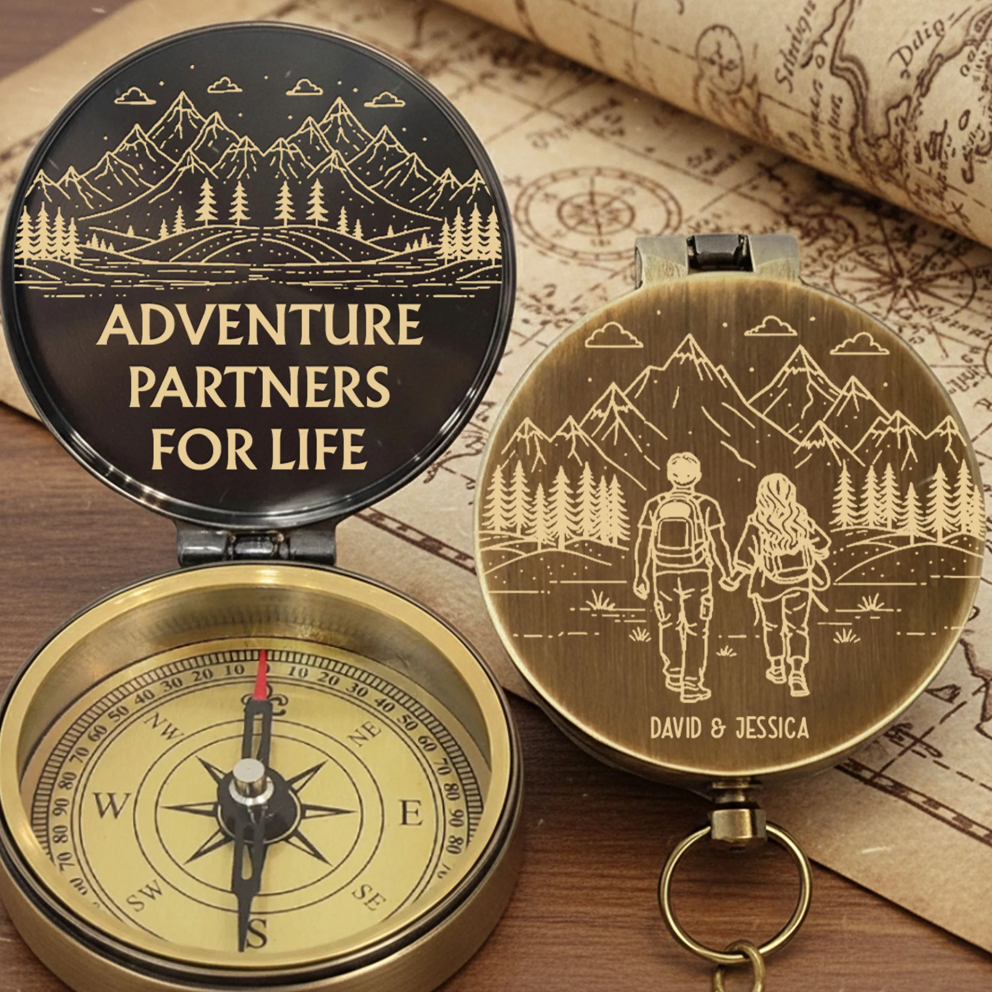 Adventure Partners For Life Mountains And Hiking Couple Engraved Brass Compass - Personalized Engraved Brass Compass - CPL839_ECPASS