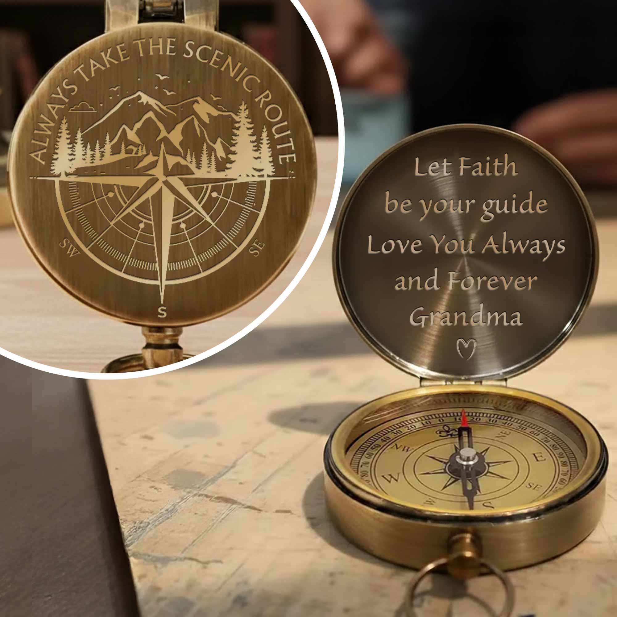 Always Take The Scenic Route Mountain And Tree Engraved Compass - Personalized Engraved Brass Compass - GSN067_ECPASS - Image 2