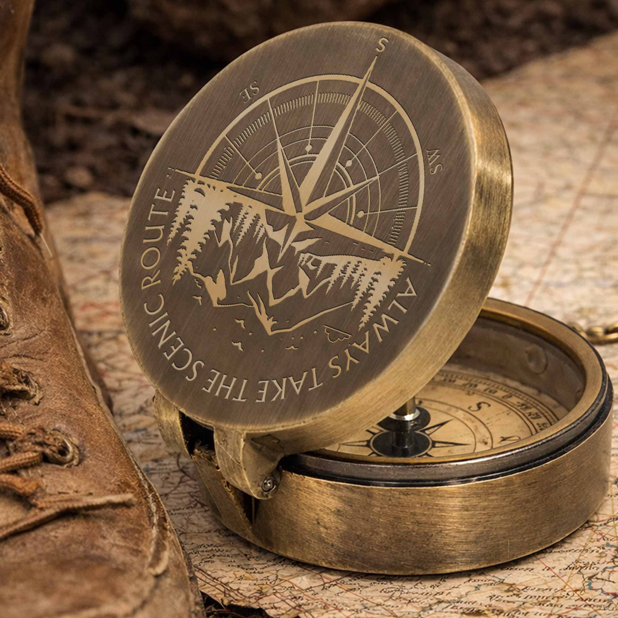 Always Take The Scenic Route Mountain And Tree Engraved Compass - Personalized Engraved Brass Compass - GSN067_ECPASS - Image 5