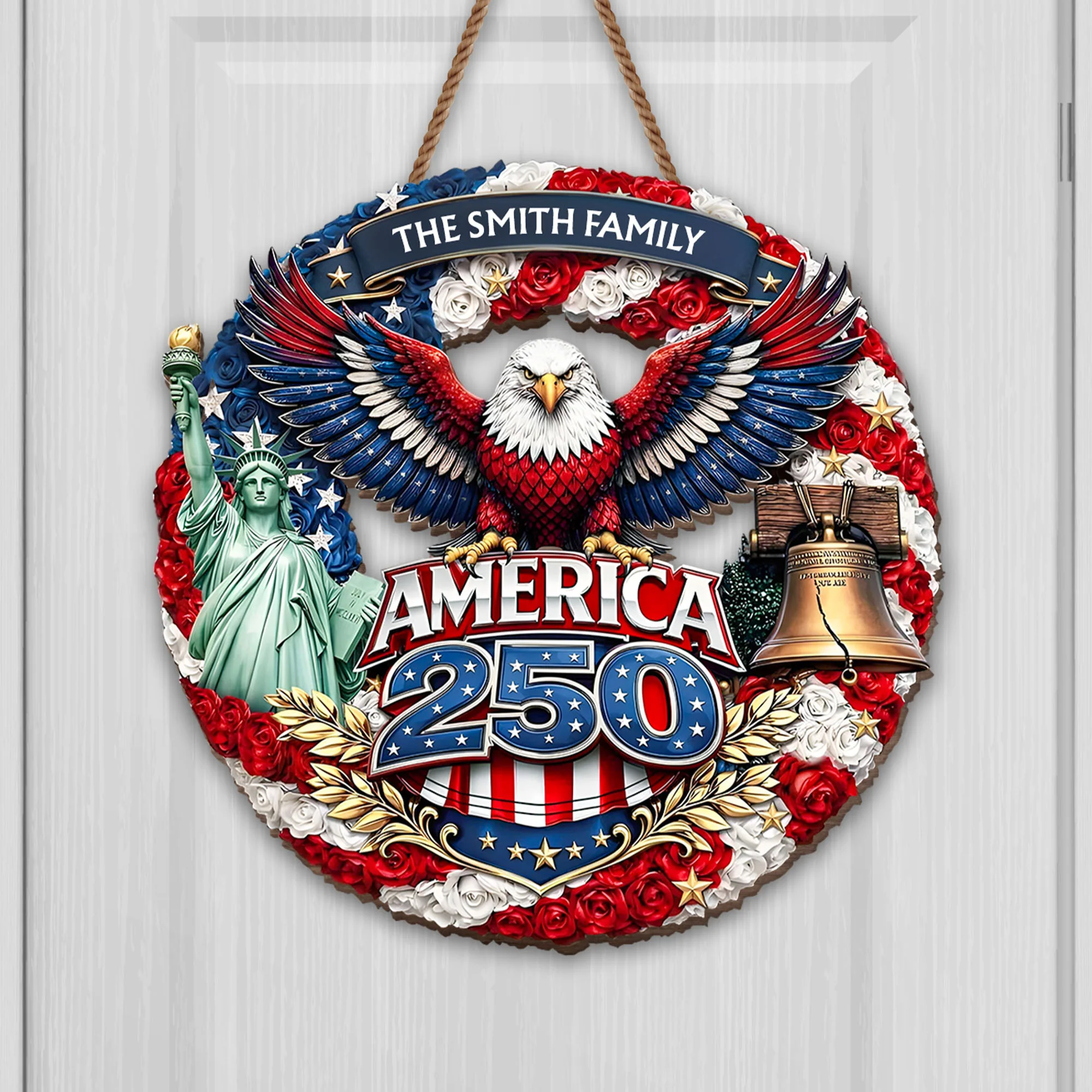America 250 Eagle Statue Of Liberty And Liberty Bell Flower Wreath - Personalized Custom Shaped Wood Sign - INDE088_WSIGN