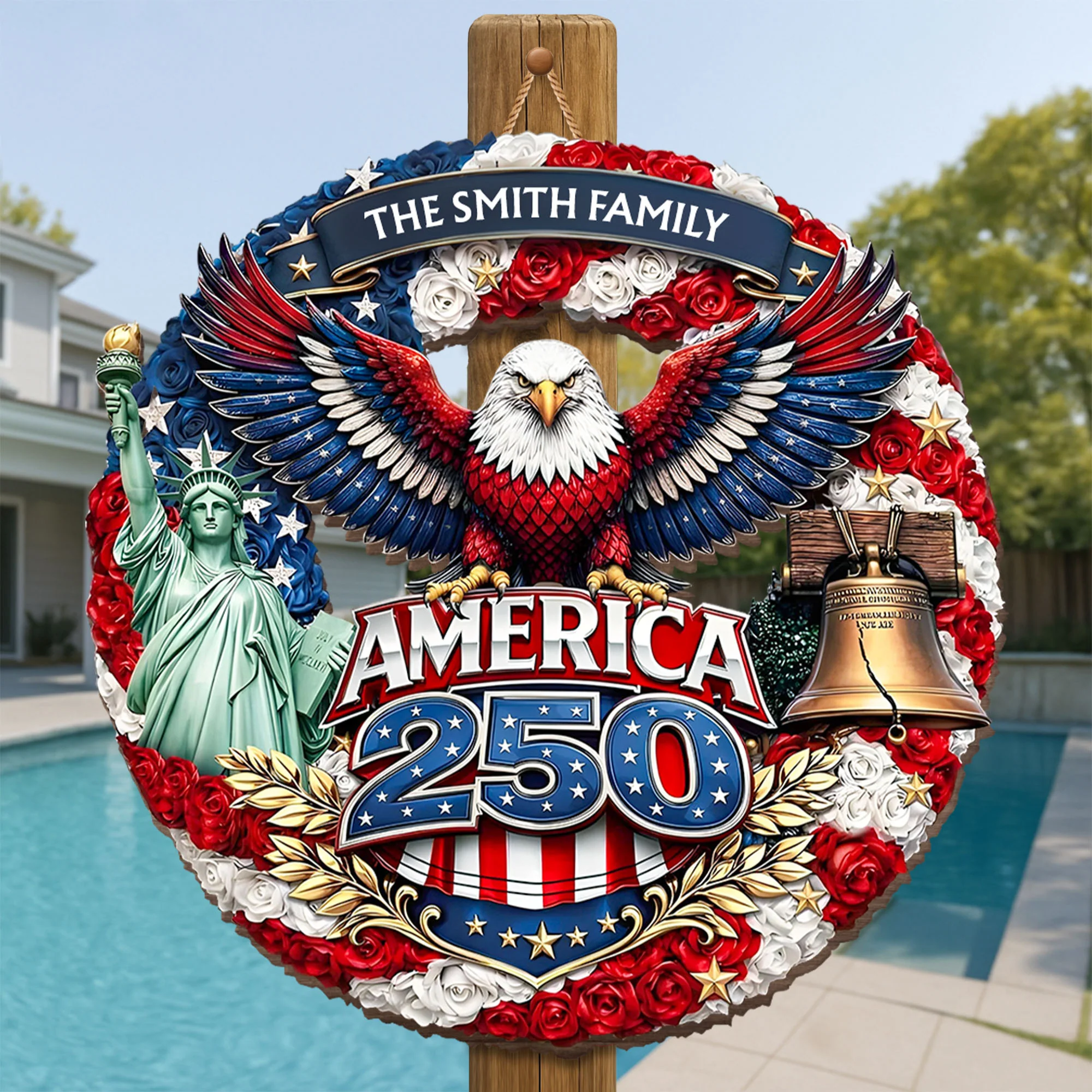America 250 Eagle Statue Of Liberty And Liberty Bell Flower Wreath - Personalized Custom Shaped Wood Sign - INDE088_WSIGN - Image 2