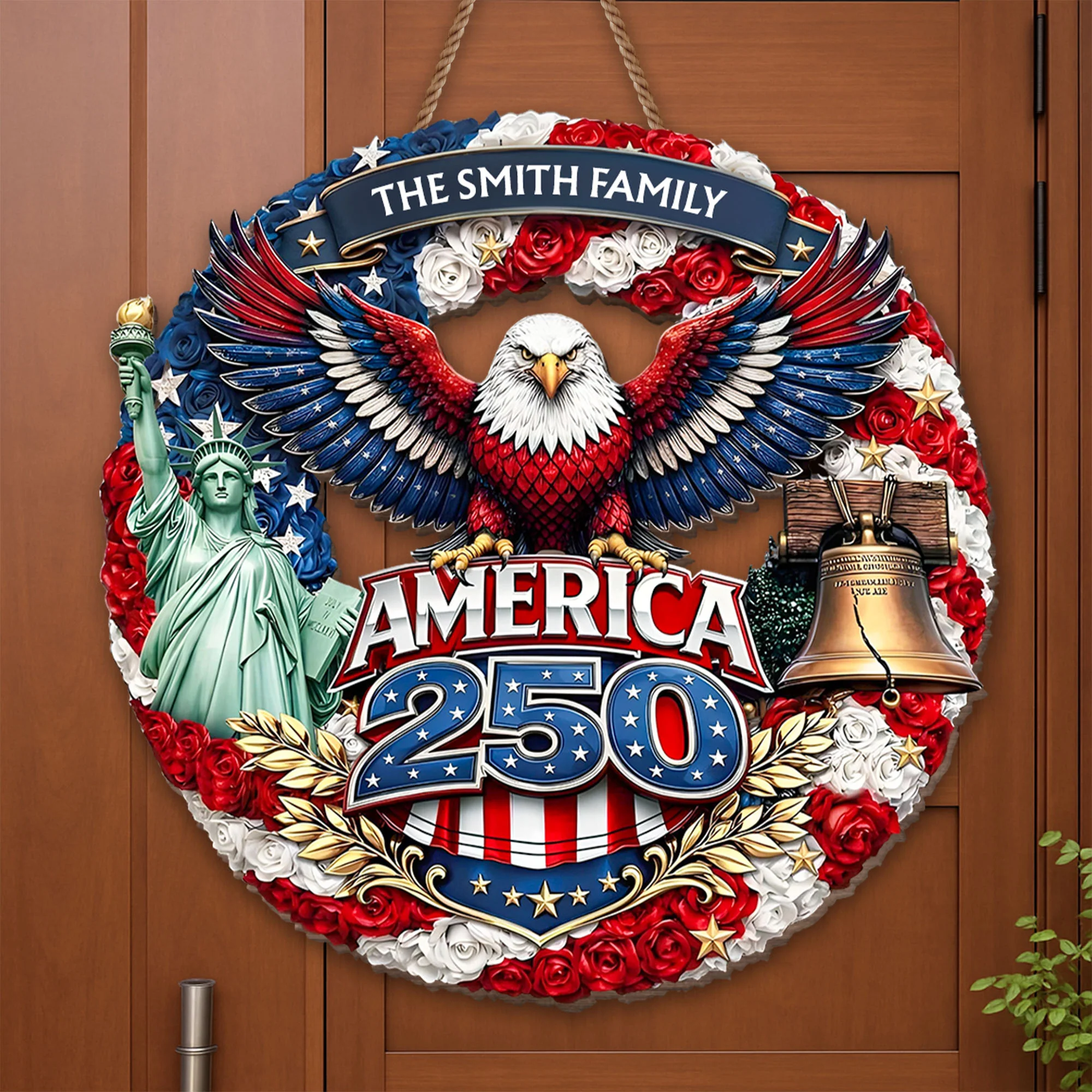 America 250 Eagle Statue Of Liberty And Liberty Bell Flower Wreath - Personalized Custom Shaped Wood Sign - INDE088_WSIGN - Image 4