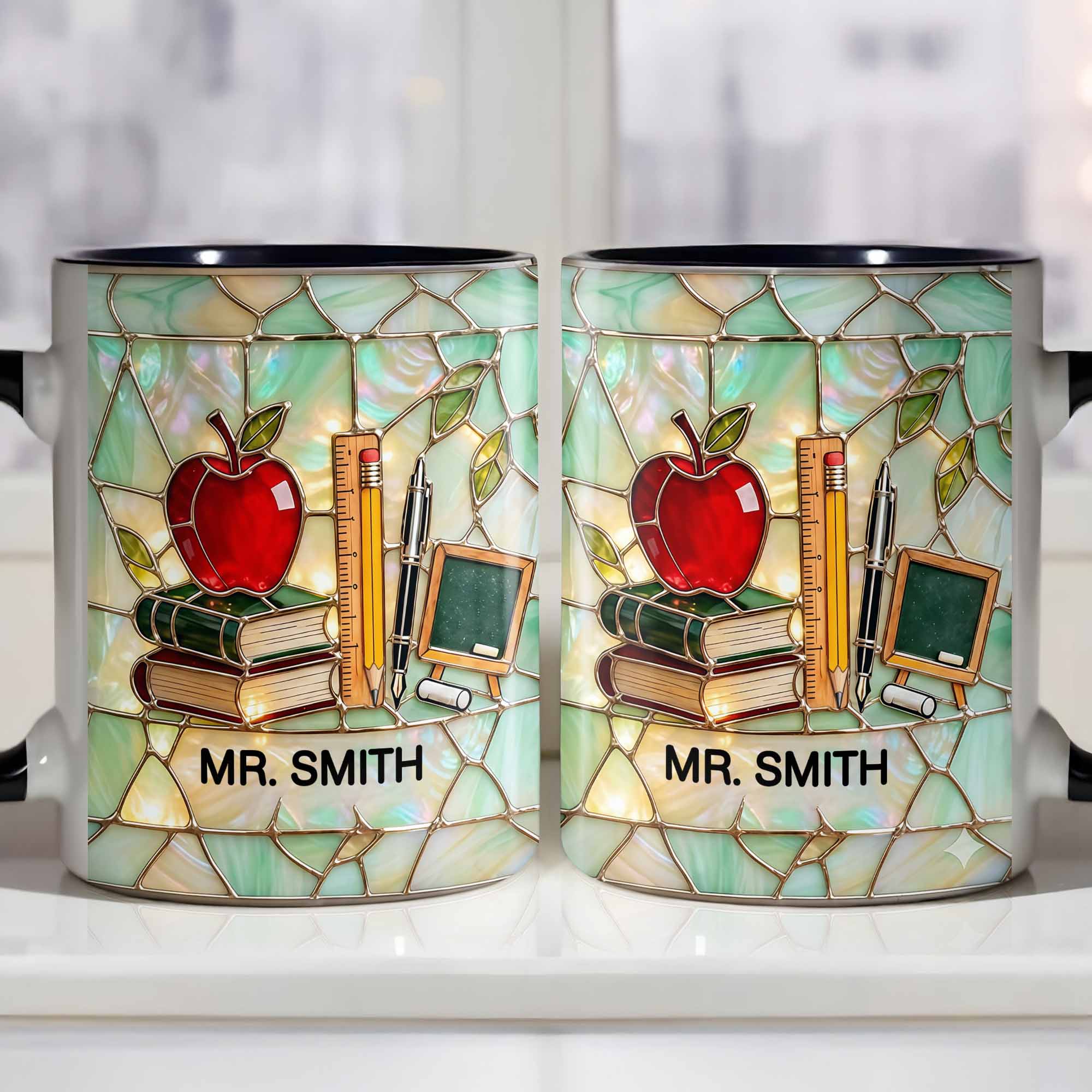 An Apple For The Teacher Stained Glass Design With Books And Ruler - Personalized Custom Accent Mug - TEACH071_AMUG - Image 3