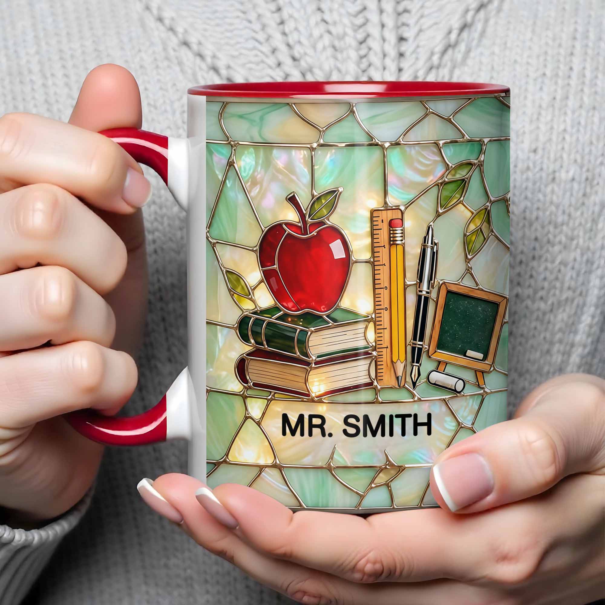 An Apple For The Teacher Stained Glass Design With Books And Ruler - Personalized Custom Accent Mug - TEACH071_AMUG - Image 4
