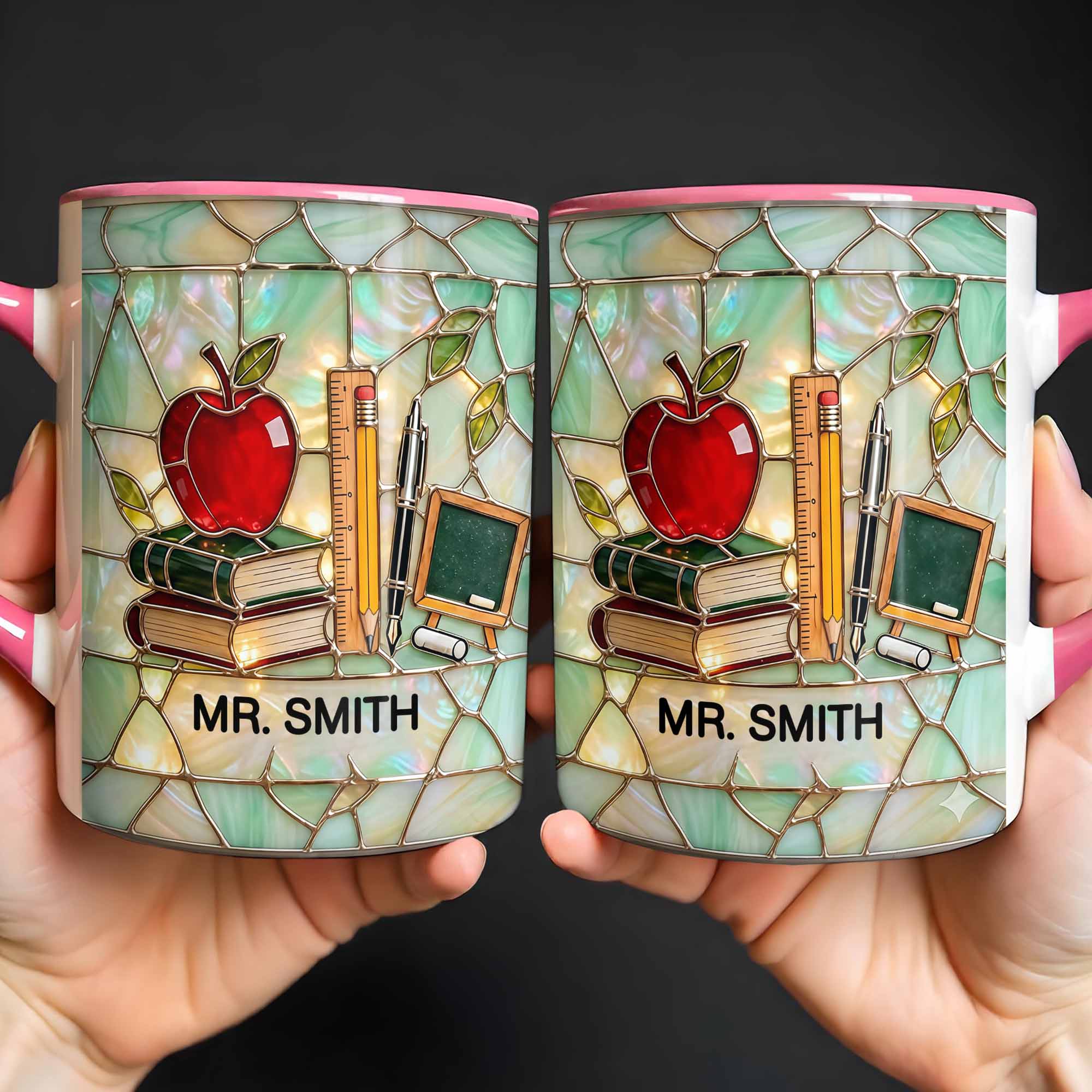 An Apple For The Teacher Stained Glass Design With Books And Ruler - Personalized Custom Accent Mug - TEACH071_AMUG - Image 5