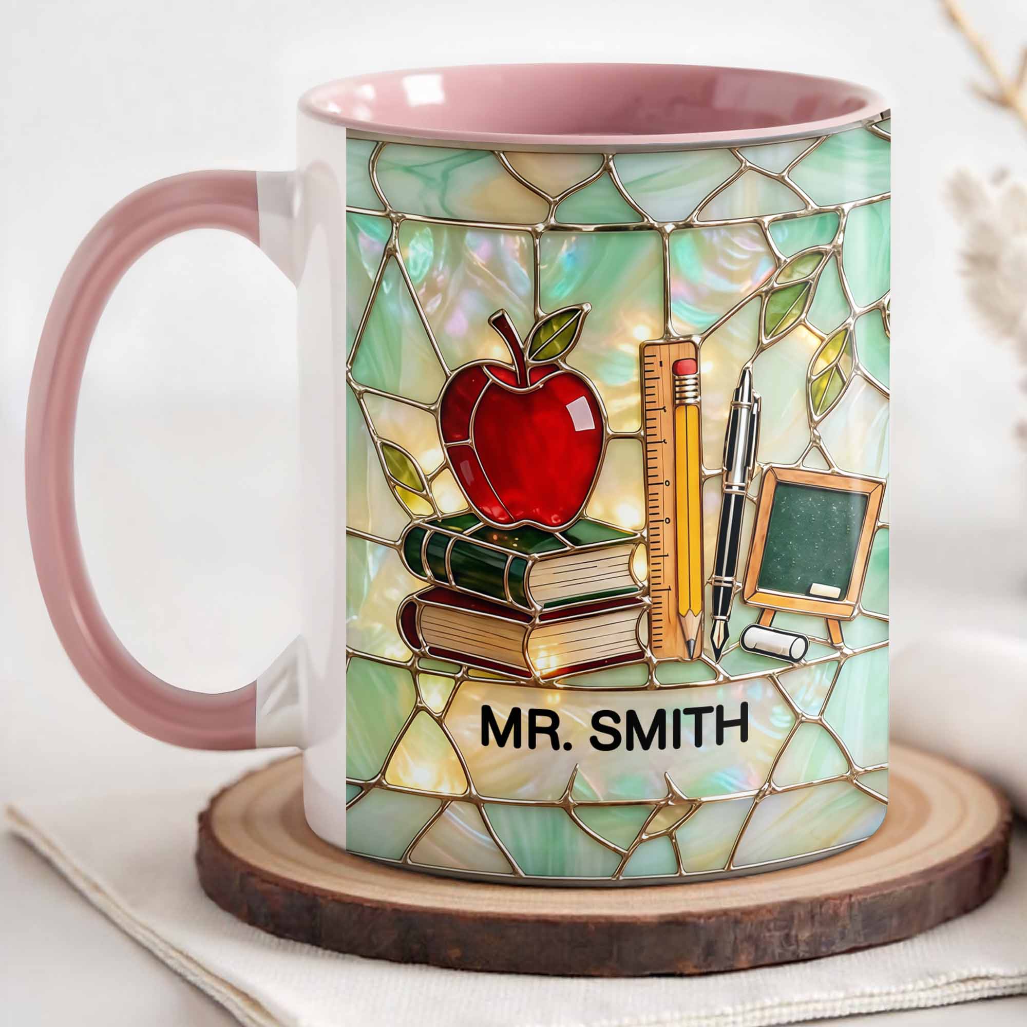 An Apple For The Teacher Stained Glass Design With Books And Ruler - Personalized Custom Accent Mug - TEACH071_AMUG - Image 8
