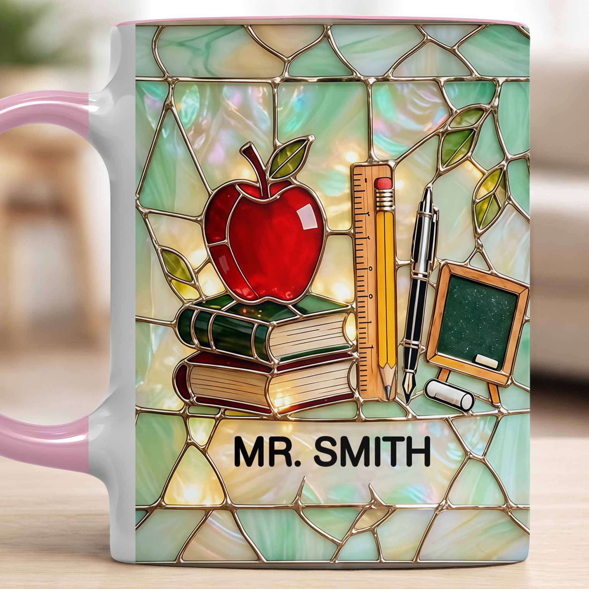 An Apple For The Teacher Stained Glass Design With Books And Ruler - Personalized Custom Accent Mug - TEACH071_AMUG - Image 9