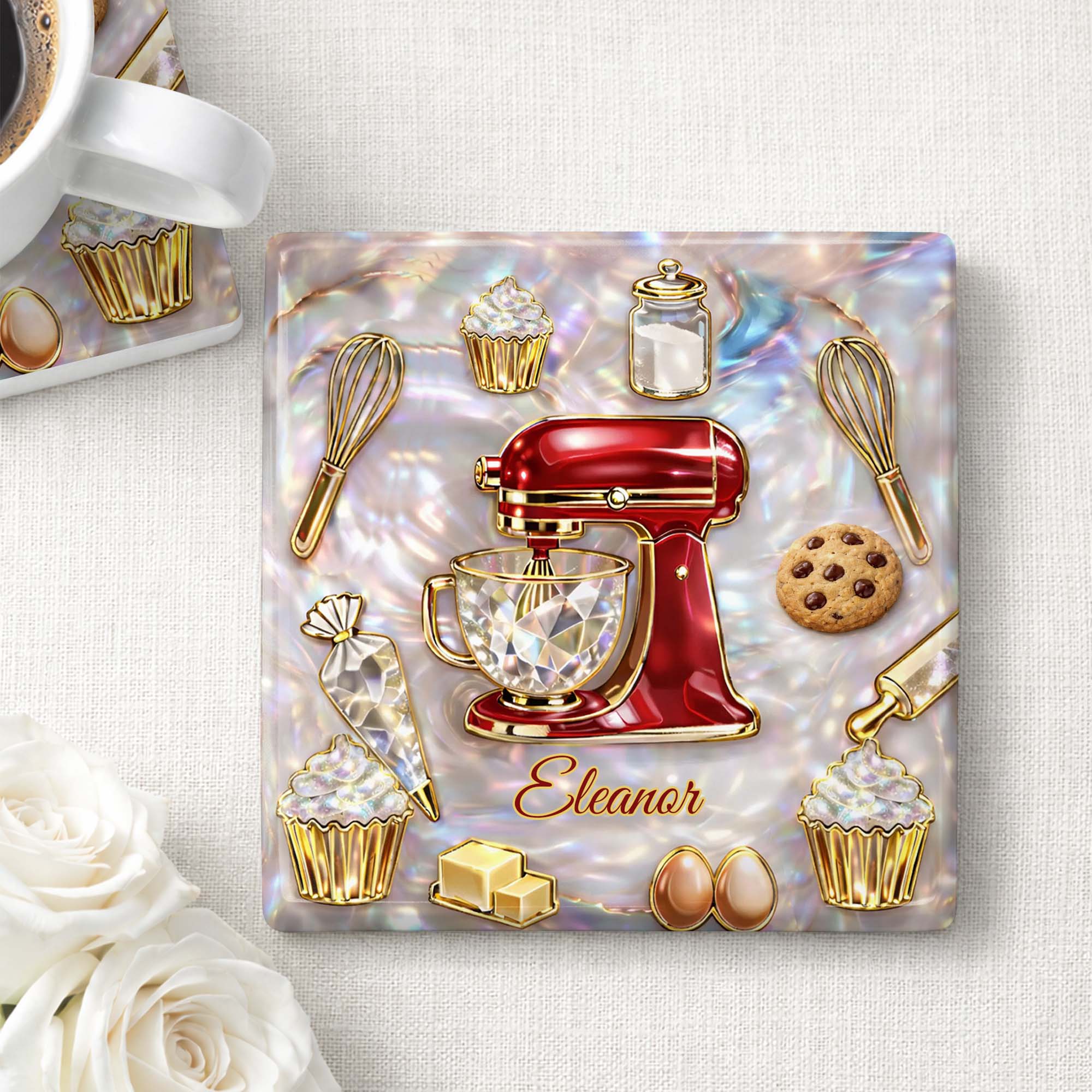 Baking Is A Work Of Heart Stand Mixer And Cupcakes Design - Personalized Custom Ceramic Coaster, Square Shape - HOB048_SOCO