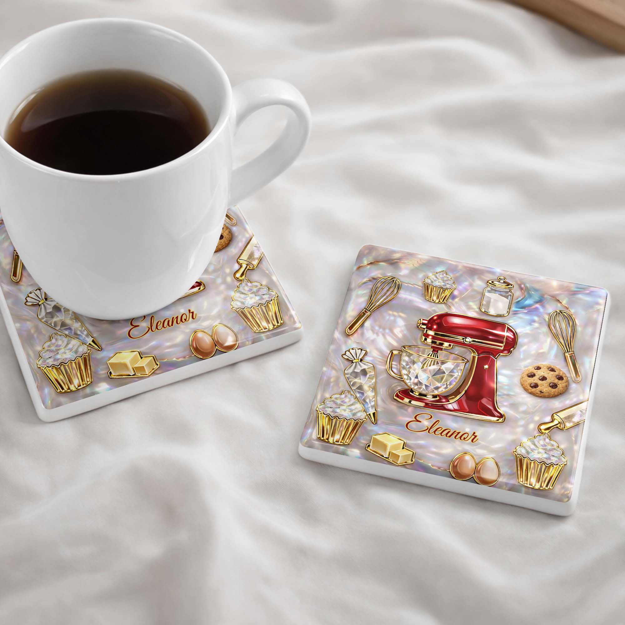 Baking Is A Work Of Heart Stand Mixer And Cupcakes Design - Personalized Custom Ceramic Coaster, Square Shape - HOB048_SOCO - Image 2